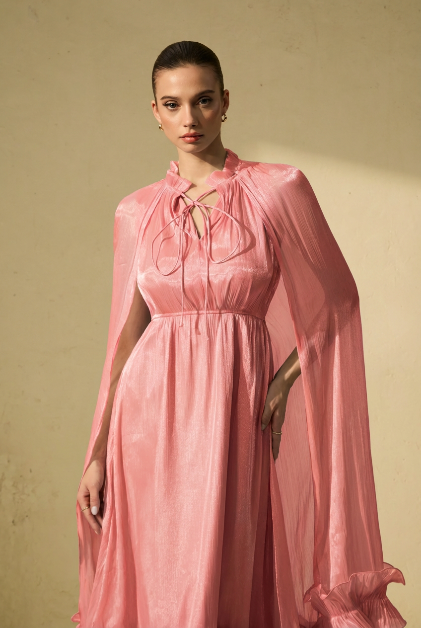 Shirley Pink Cape-effect Ruffled Midi Dress-purelyfable