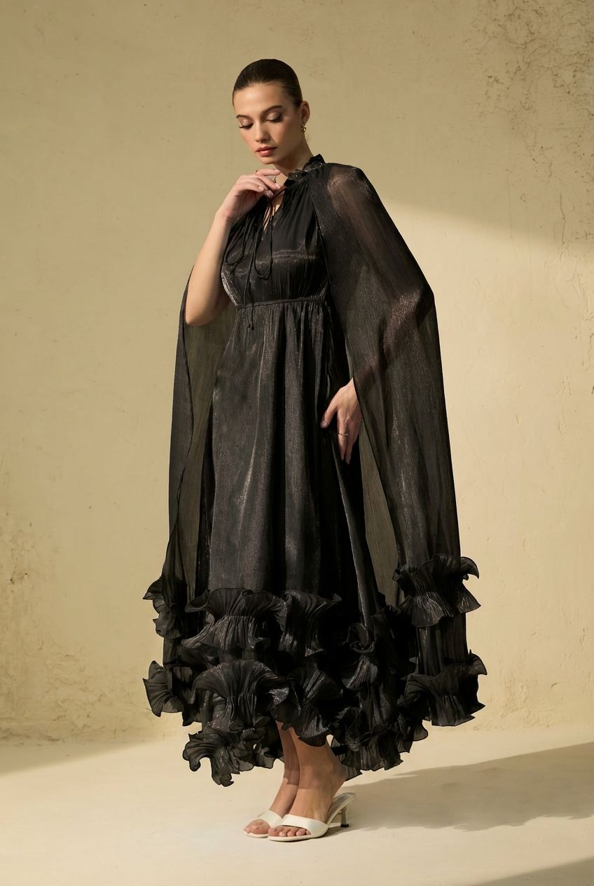 Shirley Black Cape-effect Ruffled Midi Dress-purelyfable