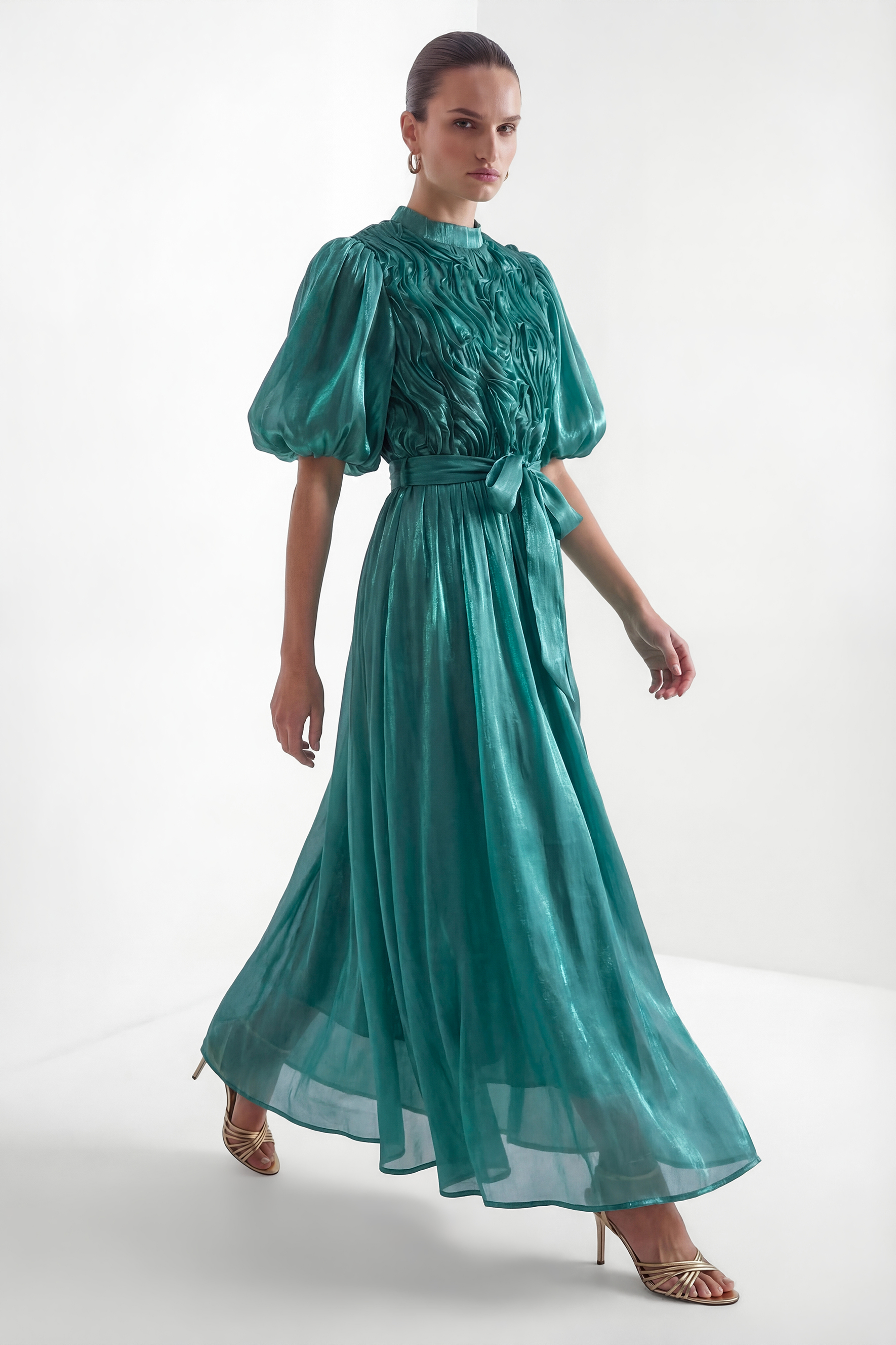 Graceful Darling Blue Ruffled Bodice Puff Sleeve Maxi Dress-purelyfable