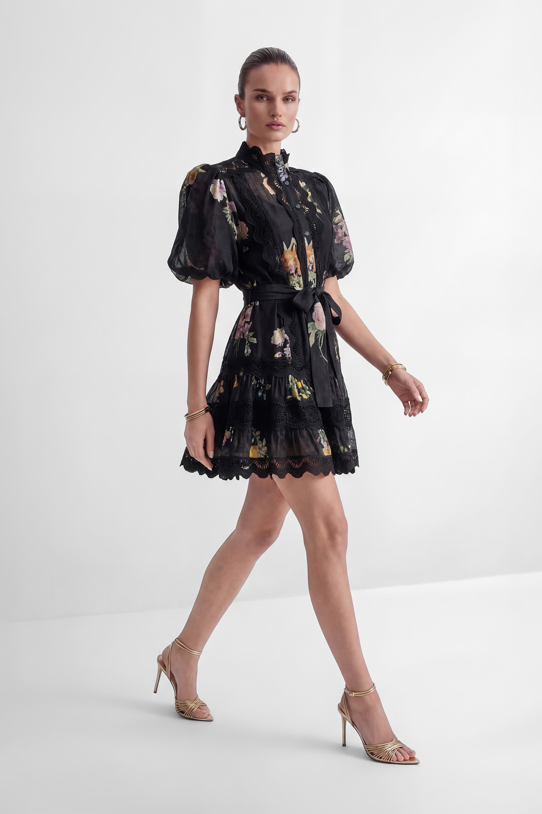 Radiance In The Dark Black Floral Print Lace Trim Mini Dress-purelyfable