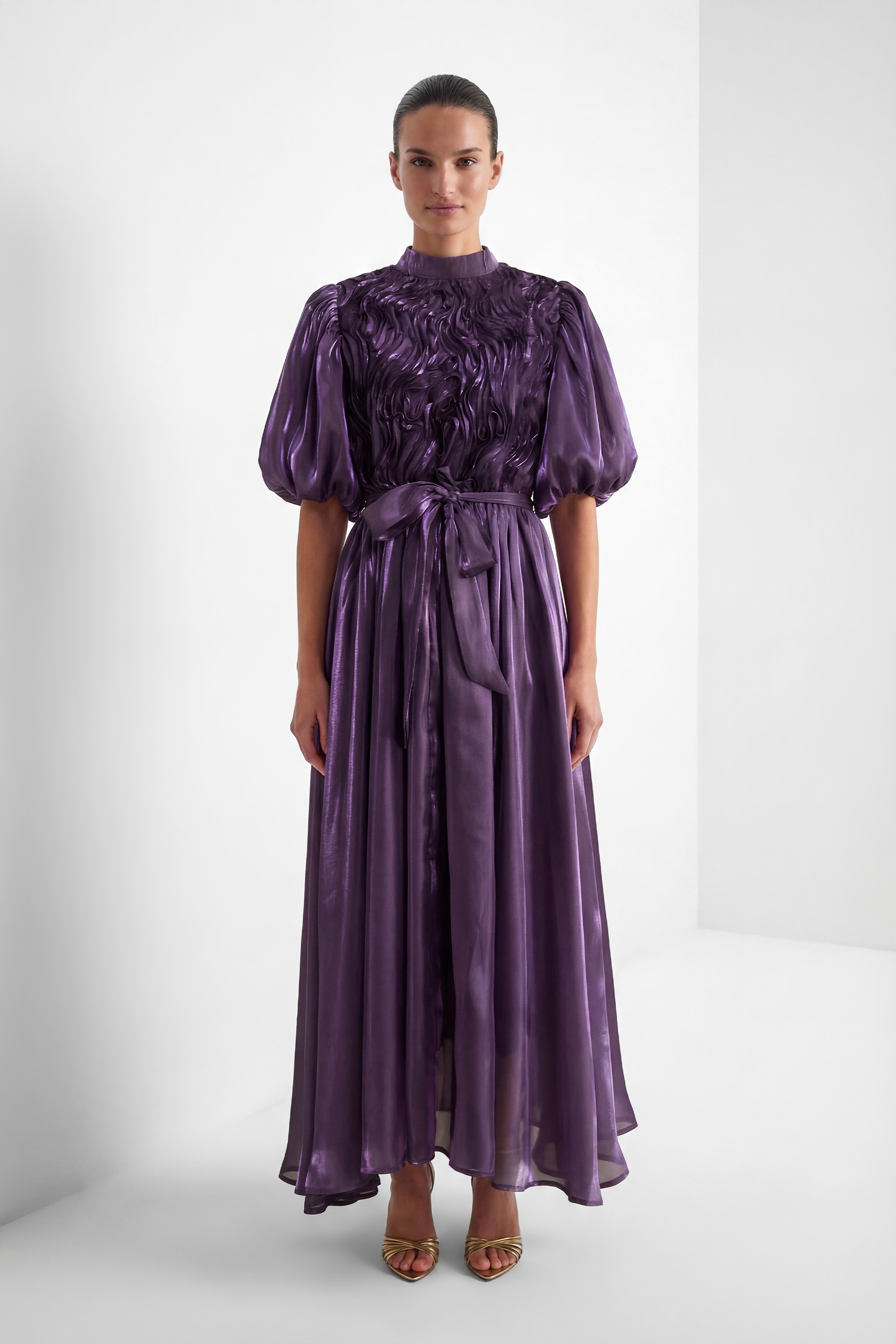 Graceful Darling Purple Ruffled Bodice Puff Sleeve Maxi Dress-purelyfable