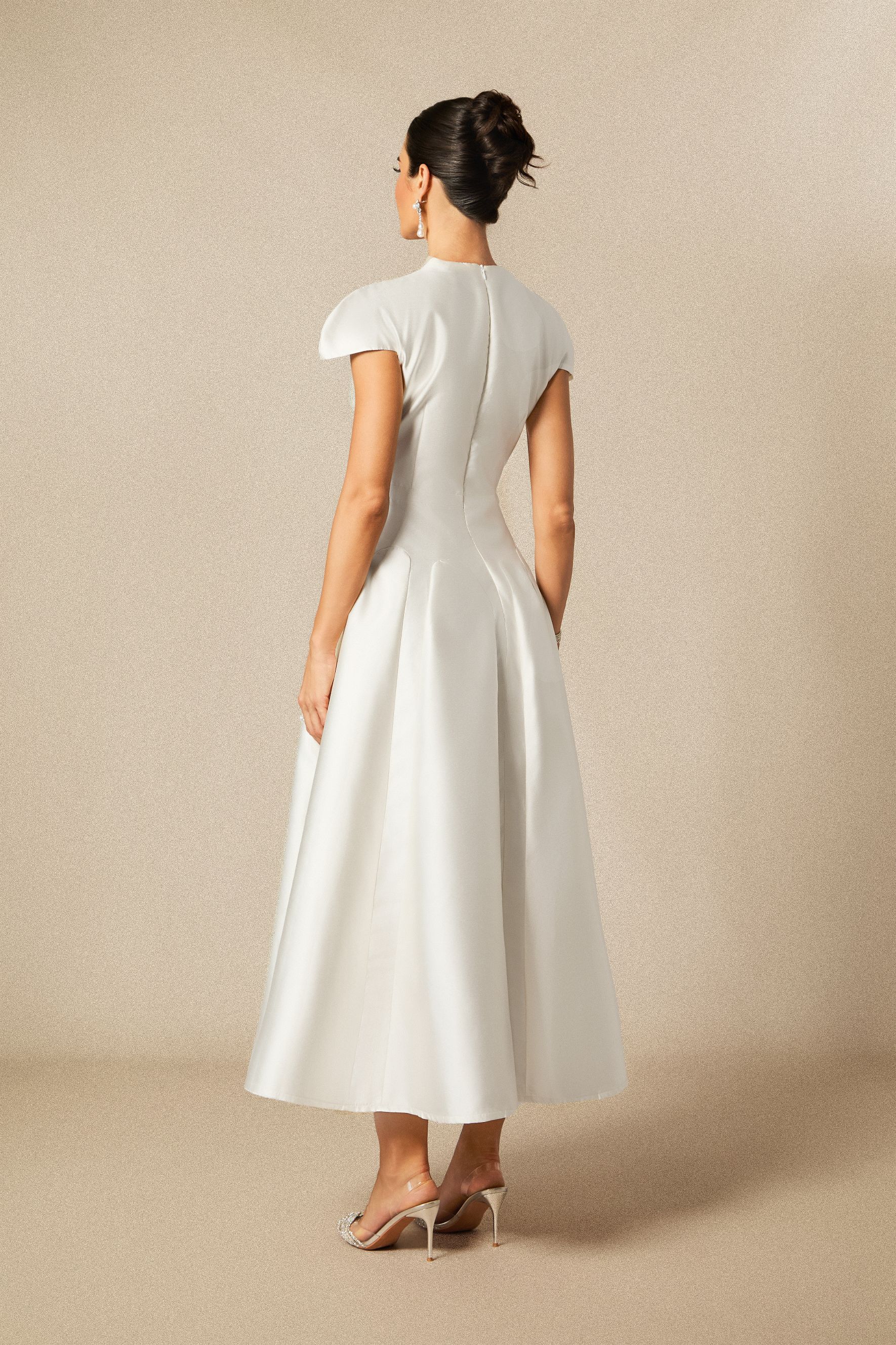 Tiana Cap Sleeve V-Neck Satin Midi Dress-purelyfable