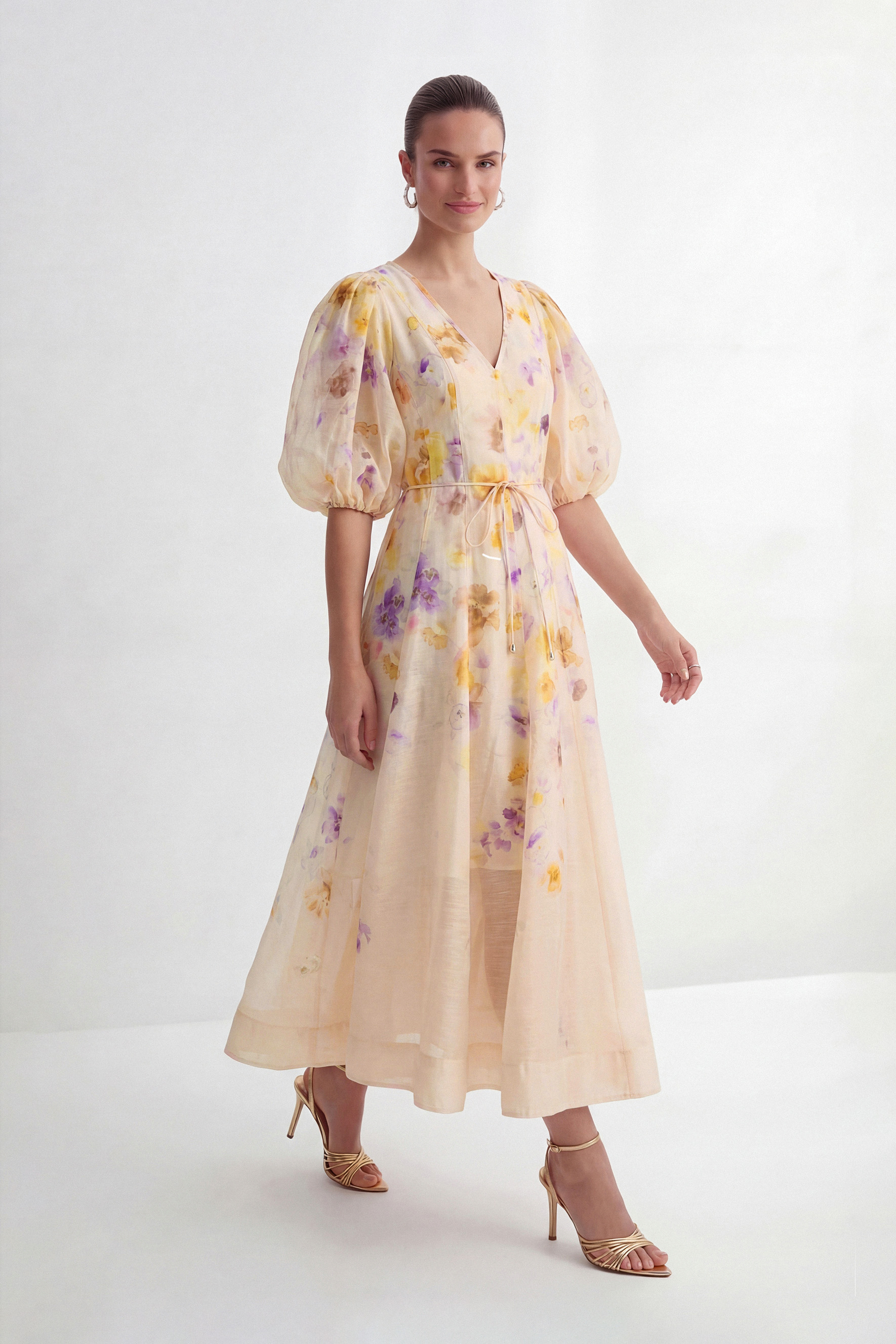 Summer Invite Apricot Floral Print Puff Sleeve Maxi Dress-purelyfable