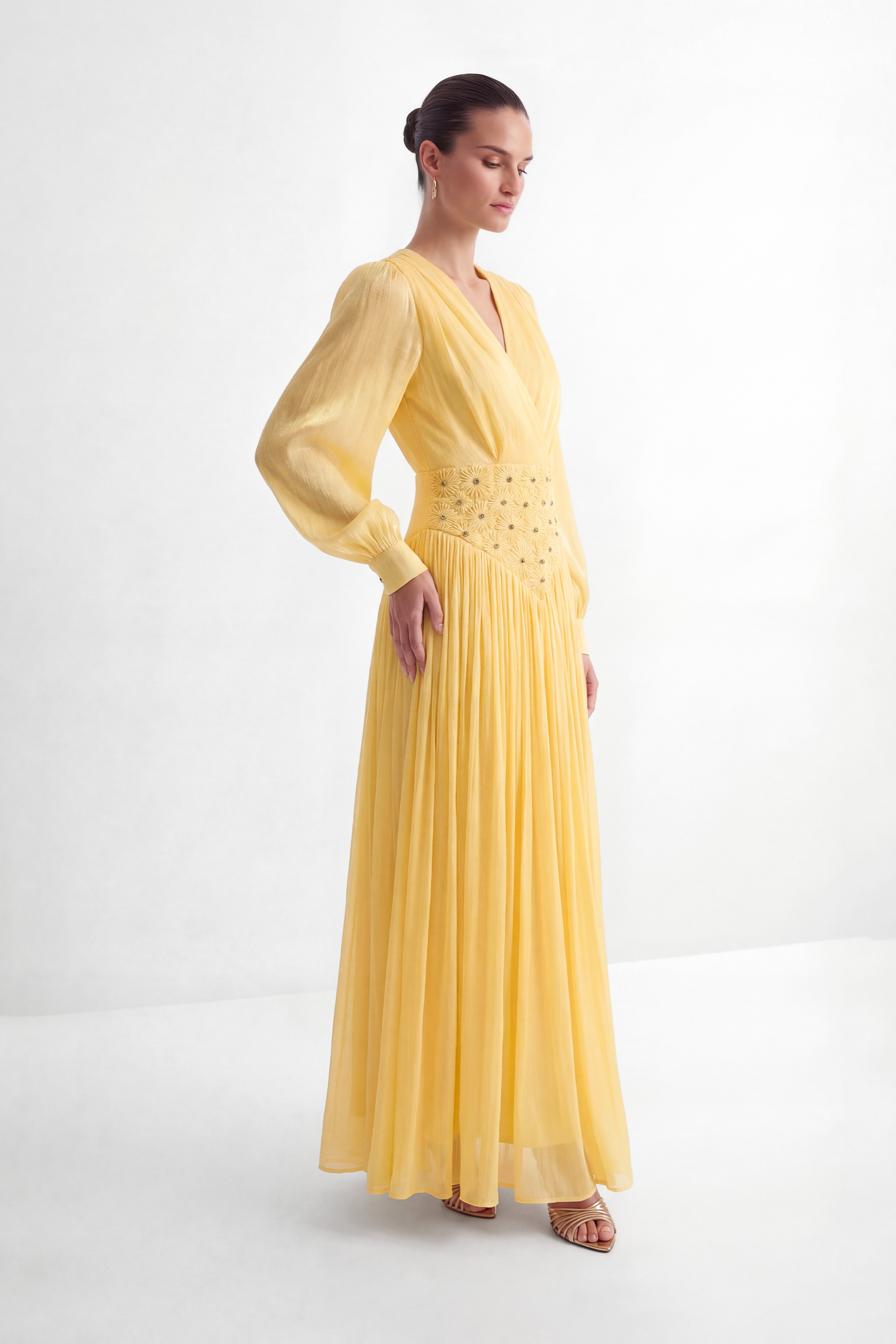 Exceptionally Pristine Yellow Beaded Embroidered V-Neck Maxi Dress-purelyfable