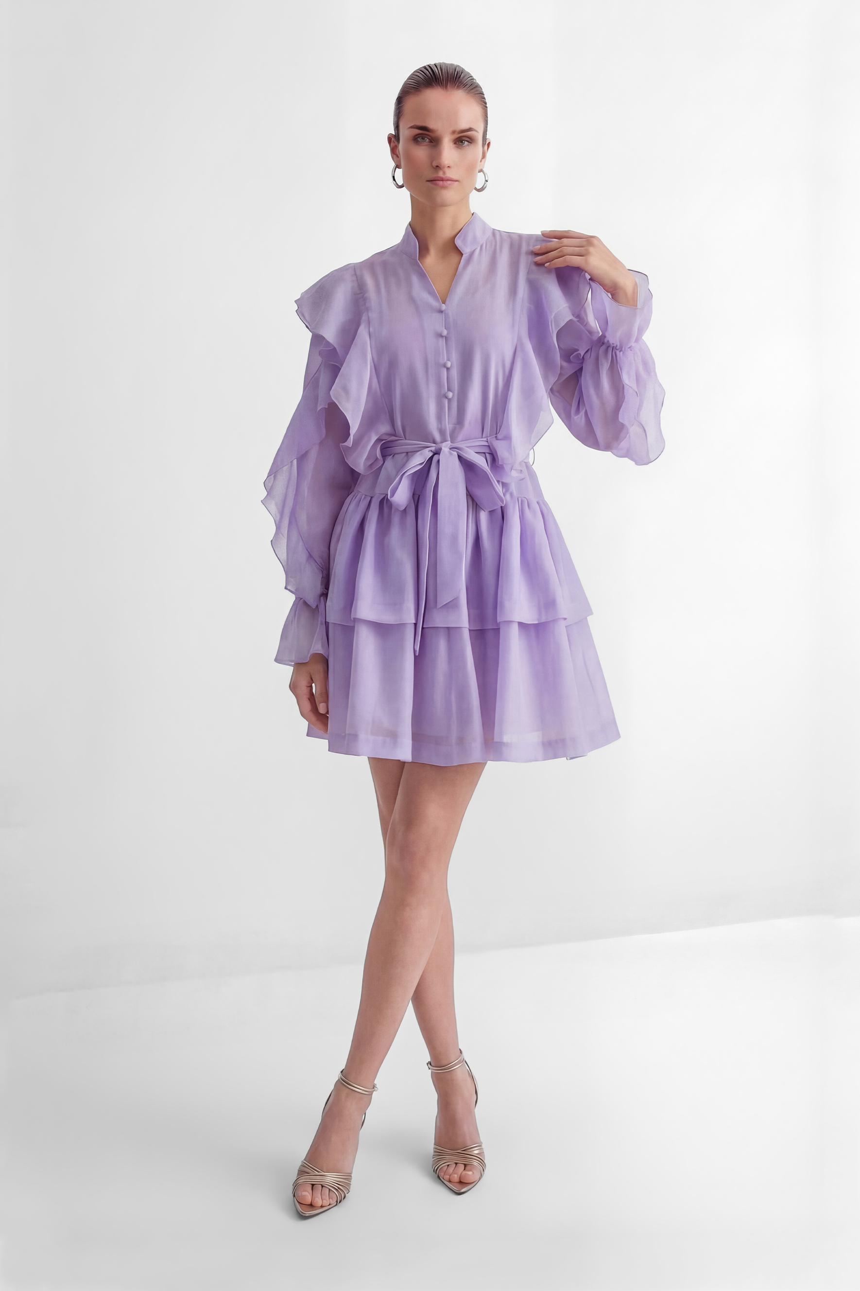 Soul Searching Lavender Ruffle Sleeve Tiered Mini Dress-purelyfable
