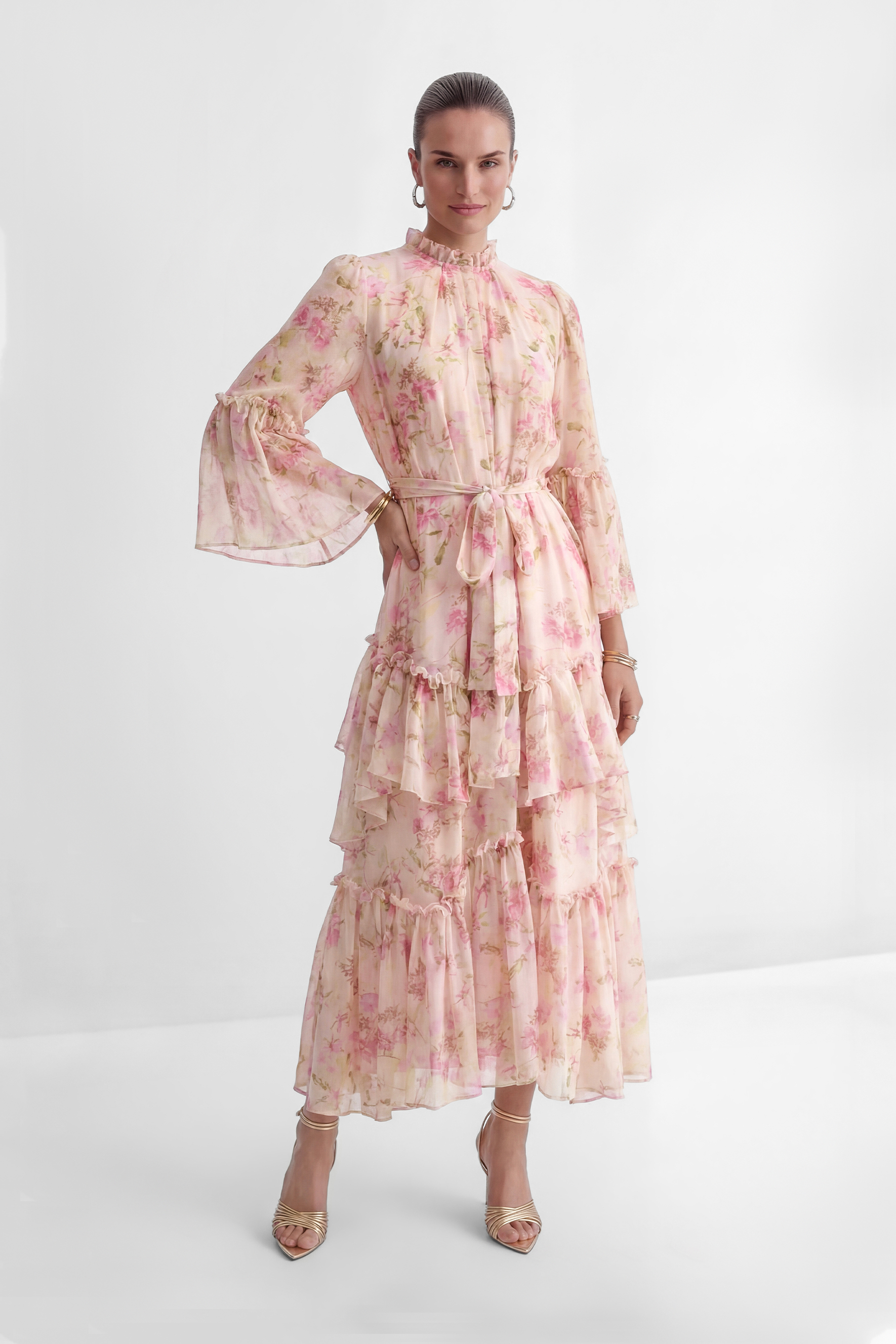 Dreamy Occasions Pink Floral Print Tiered Ruffle Maxi Dress-purelyfable