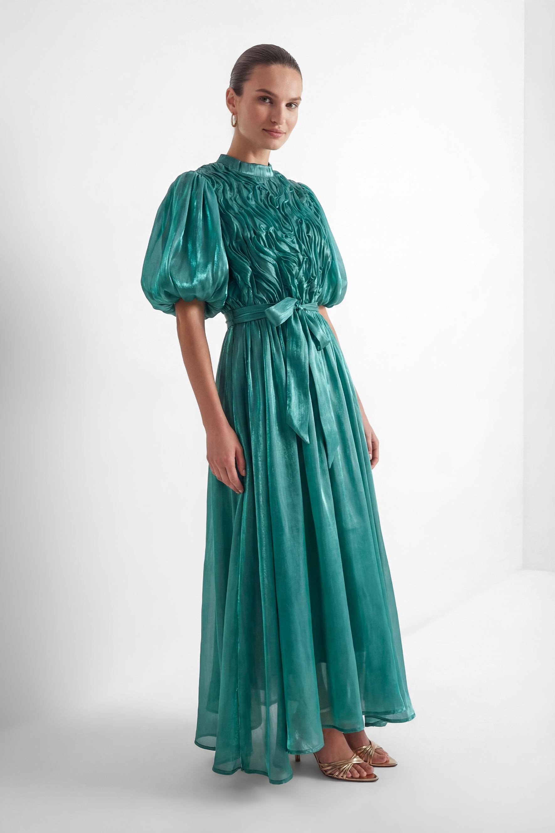 Graceful Darling Blue Ruffled Bodice Puff Sleeve Maxi Dress-purelyfable