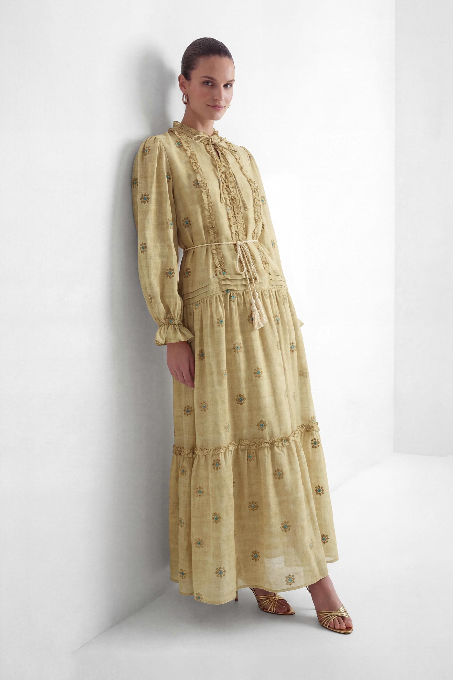 Romantic Affair Khaki Embroidered Floral Tiered Maxi Dress-purelyfable