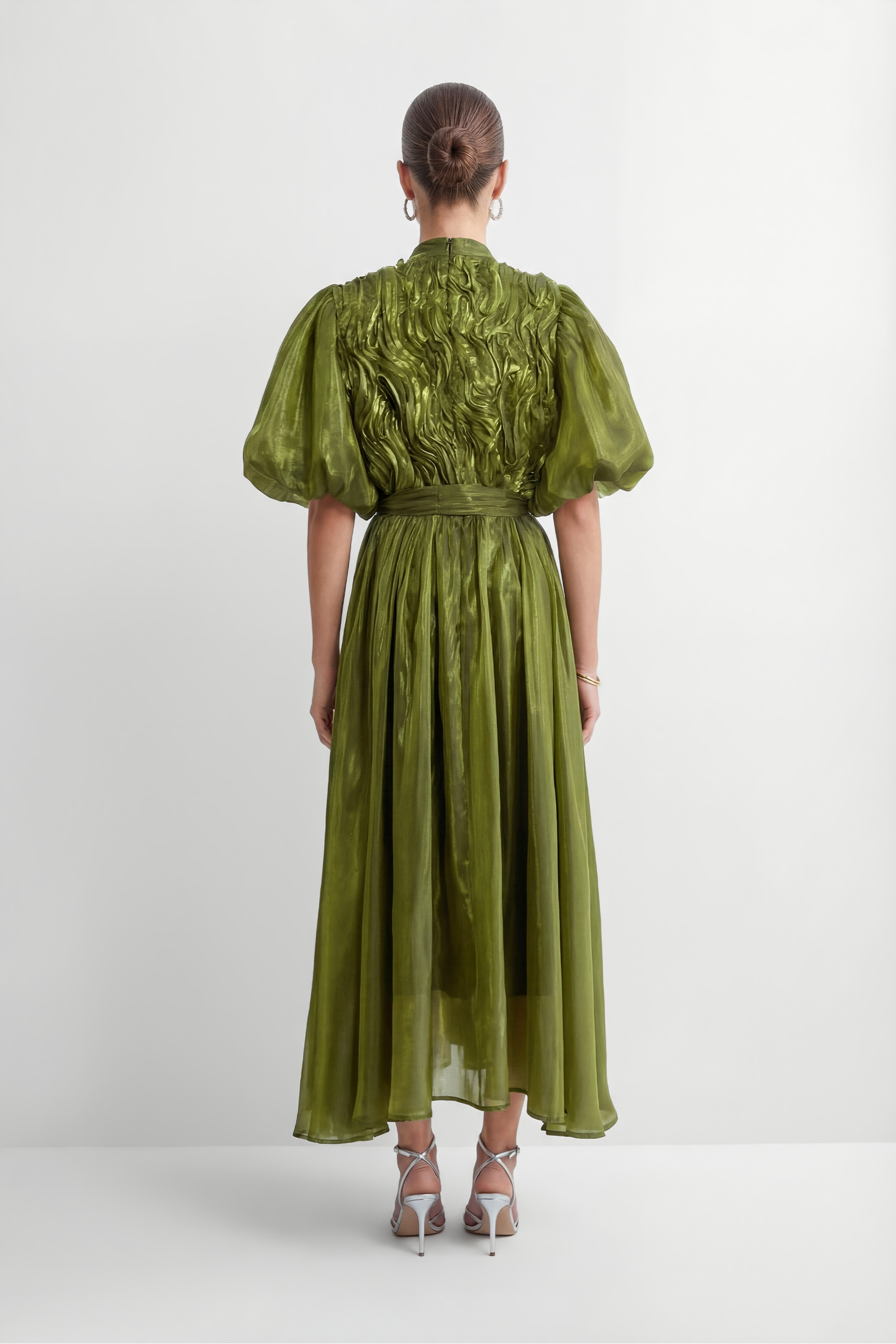 Graceful Darling Green Ruffled Bodice Puff Sleeve Maxi Dress-purelyfable