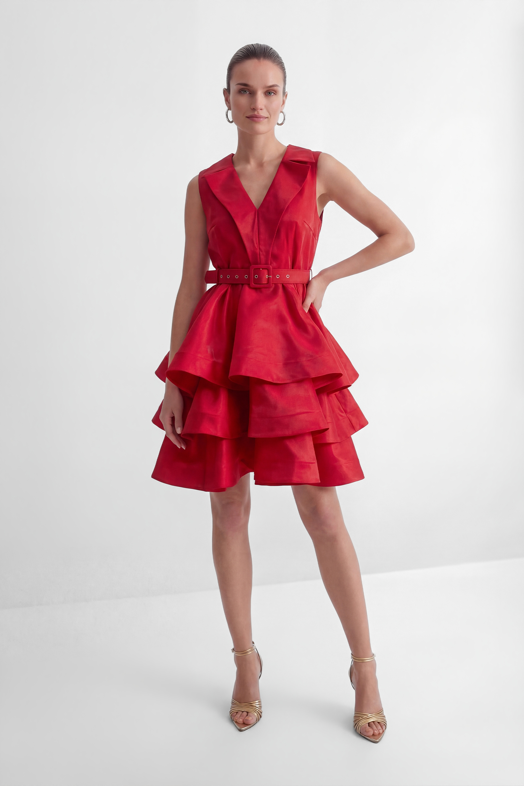 Stars Are Shining Red V-neck Tiered Ruffle Mini Dress-purelyfable