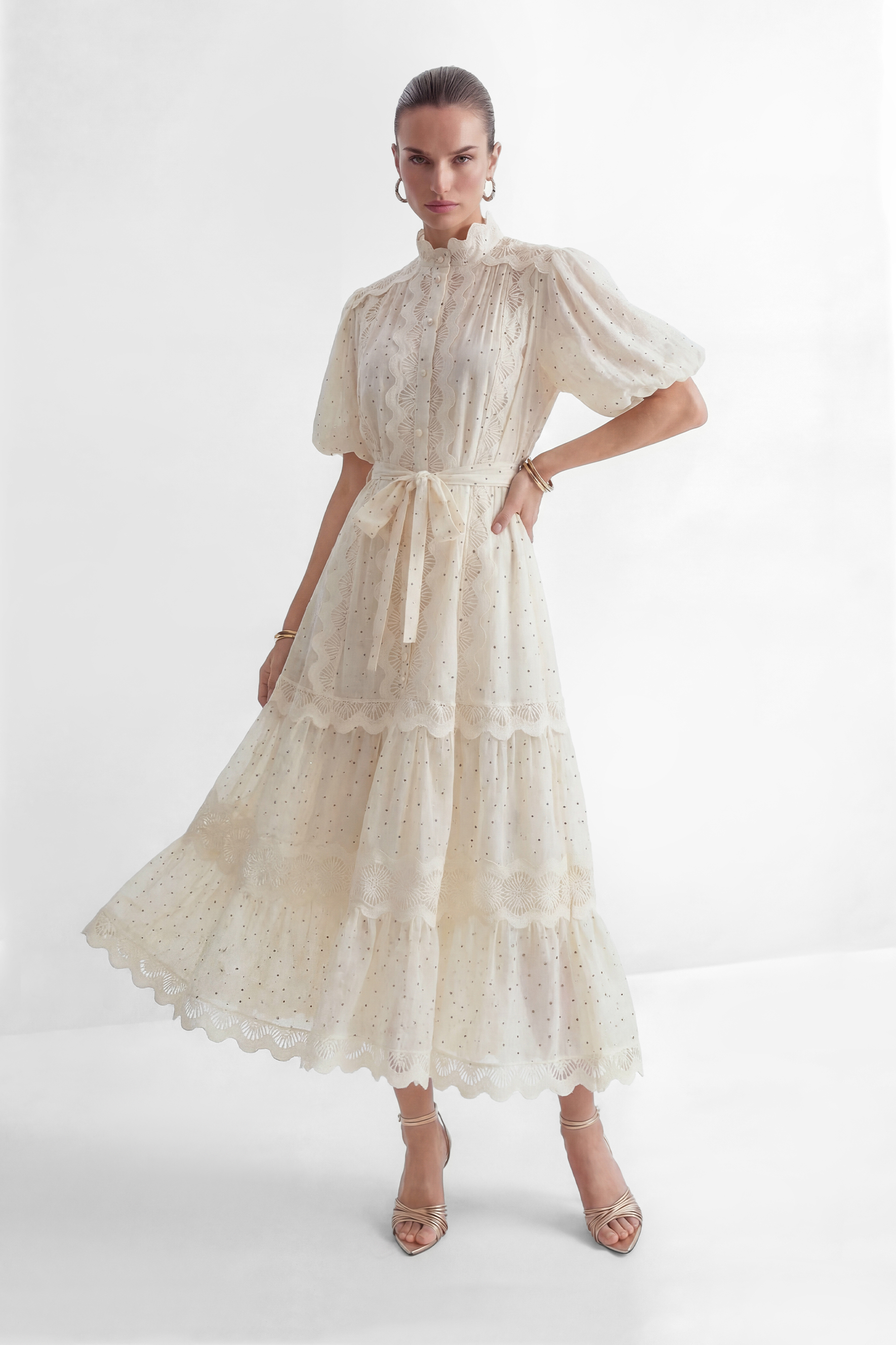 Momentous Love Beige Lace Trim Polka Dot Maxi Dress-purelyfable