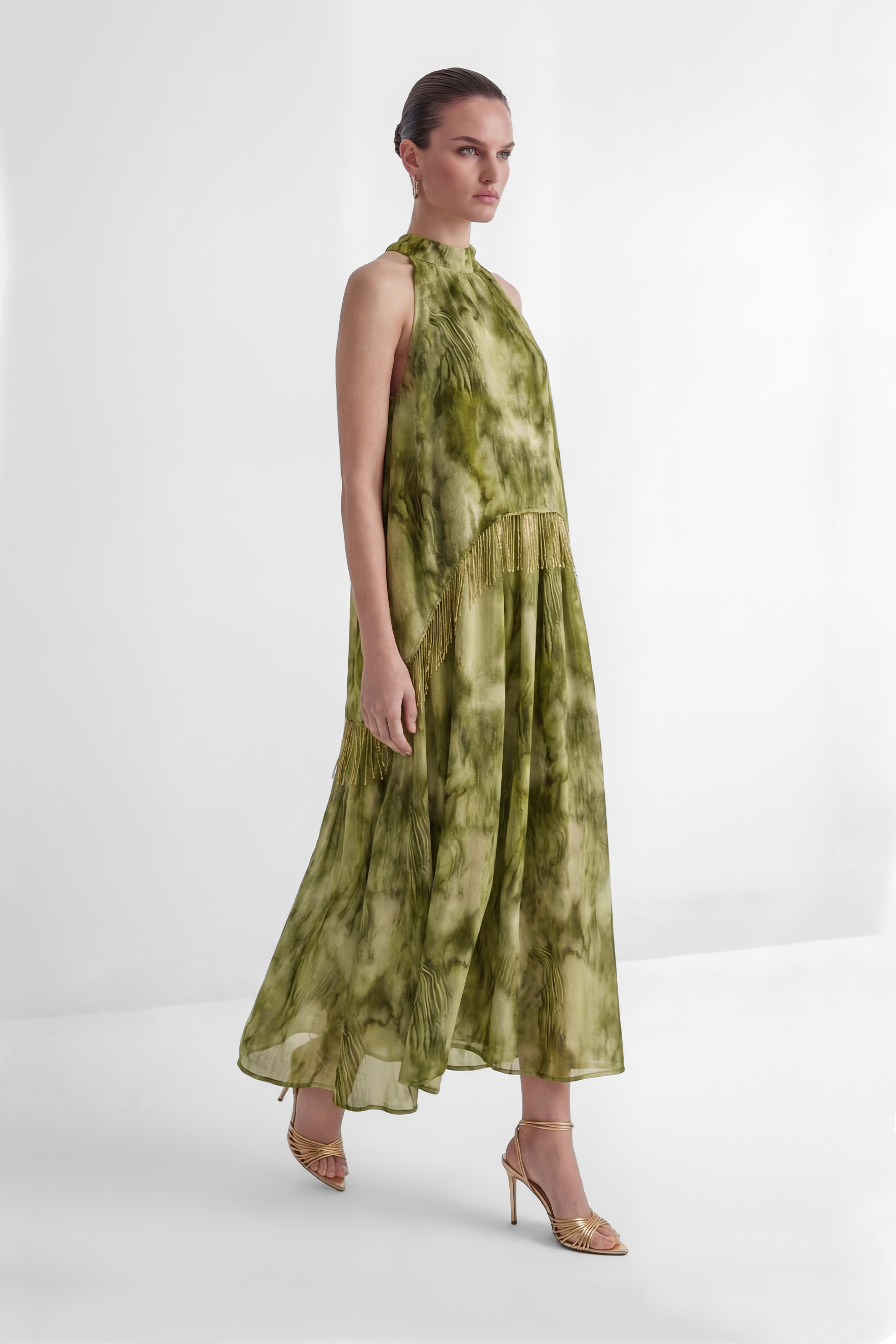 Pure Reverie Green Halter Neck Fringe Maxi Dress-purelyfable