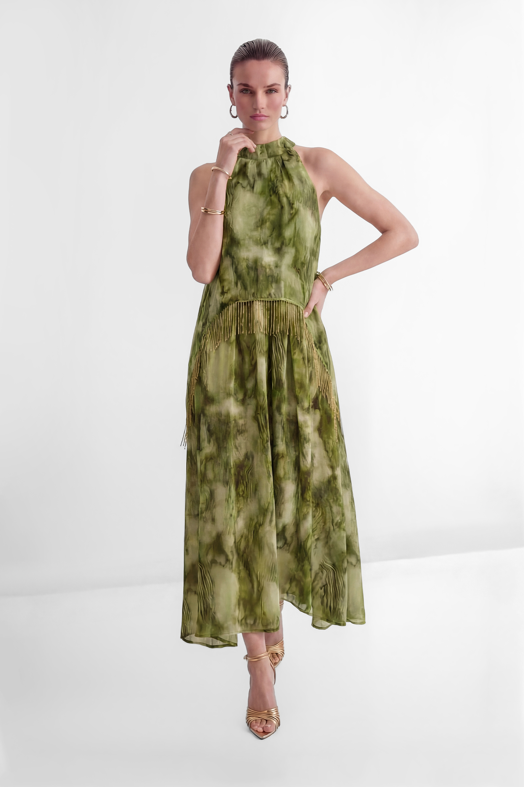Pure Reverie Green Halter Neck Fringe Maxi Dress-purelyfable