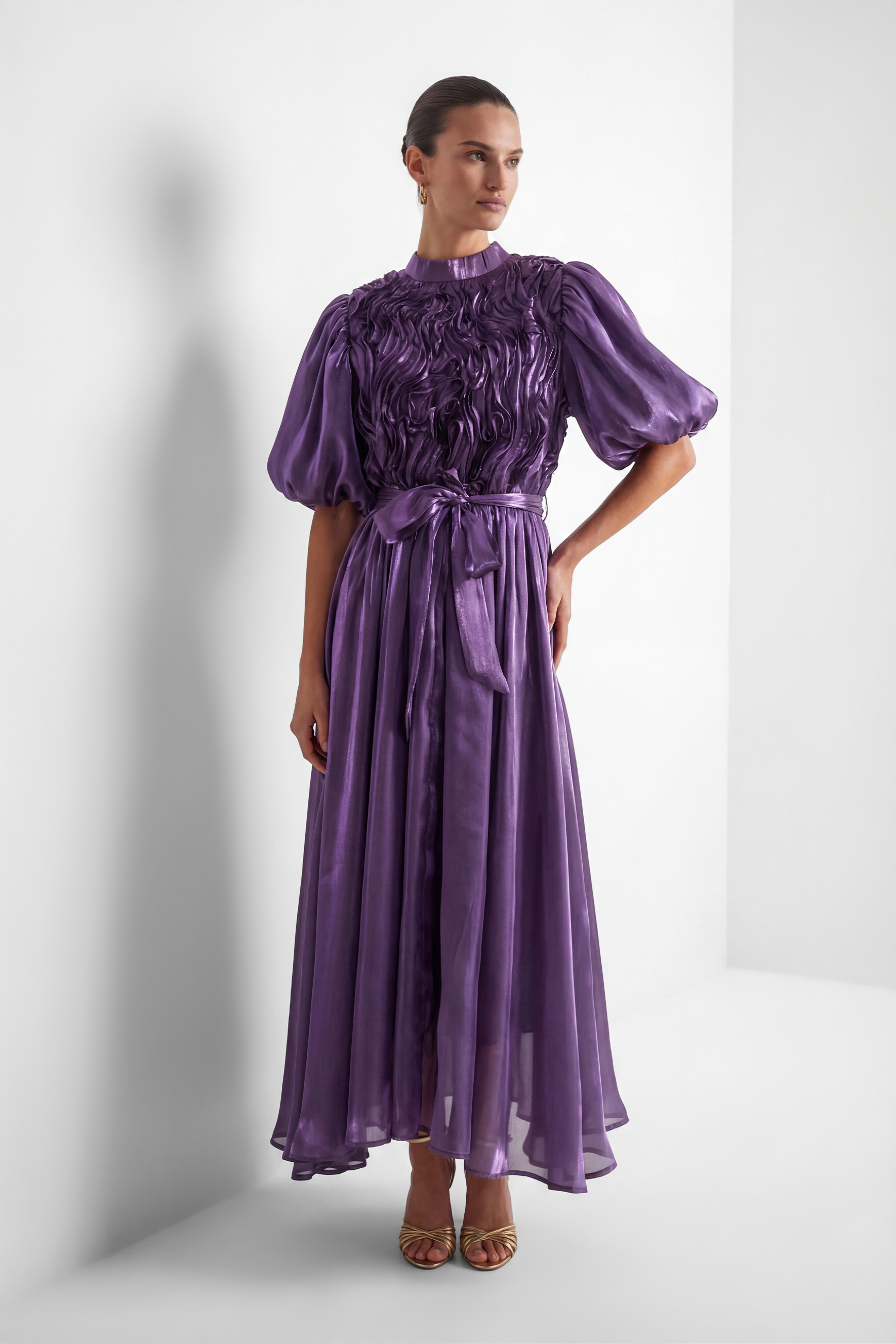 Graceful Darling Purple Ruffled Bodice Puff Sleeve Maxi Dress-purelyfable