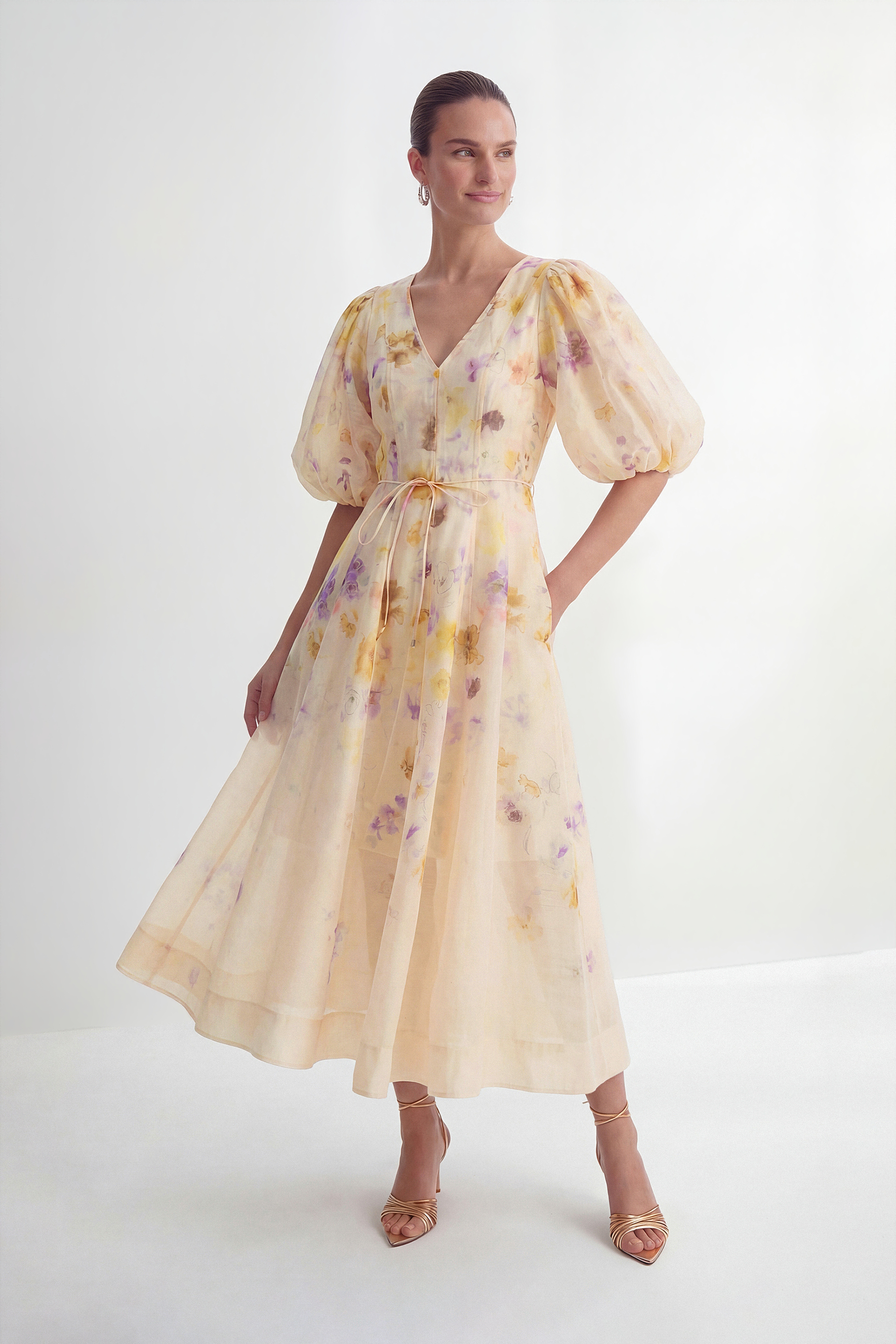 Summer Invite Apricot Floral Print Puff Sleeve Maxi Dress-purelyfable