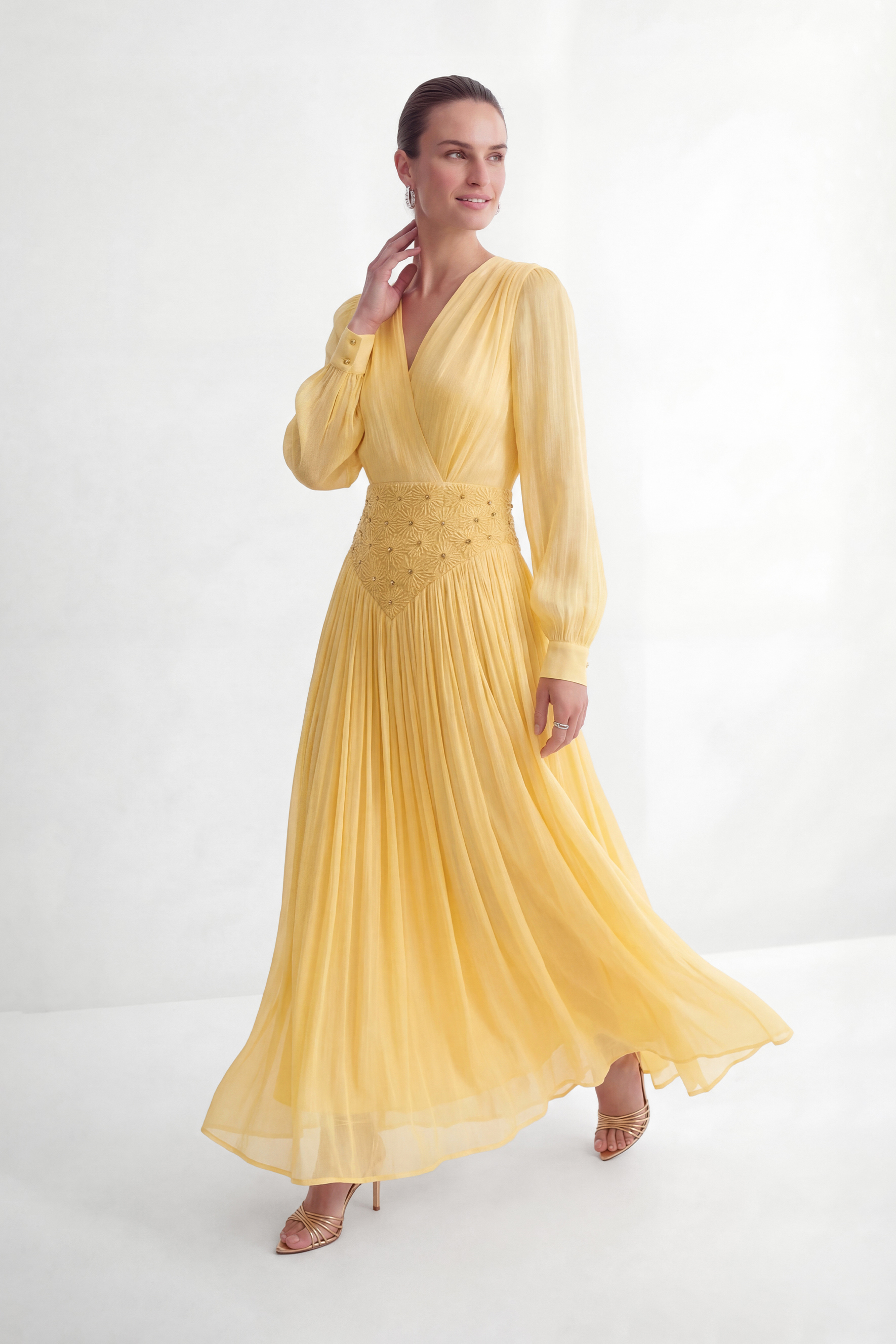 Exceptionally Pristine Yellow Beaded Embroidered V-Neck Maxi Dress-purelyfable