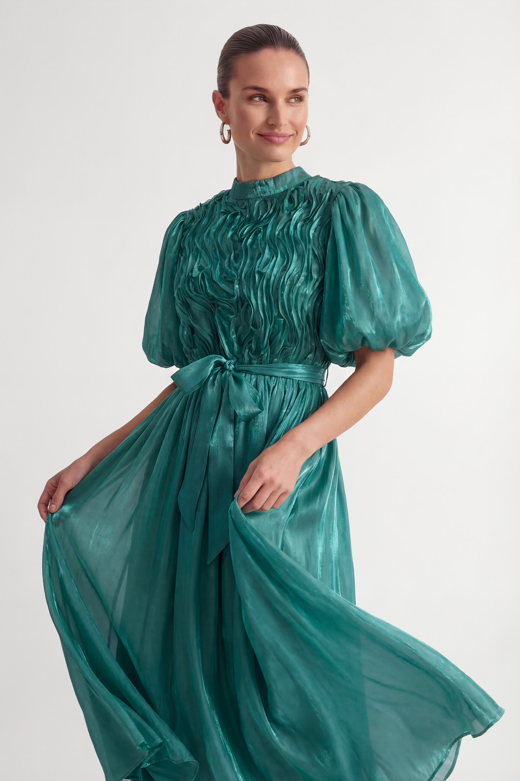 Graceful Darling Blue Ruffled Bodice Puff Sleeve Maxi Dress-purelyfable