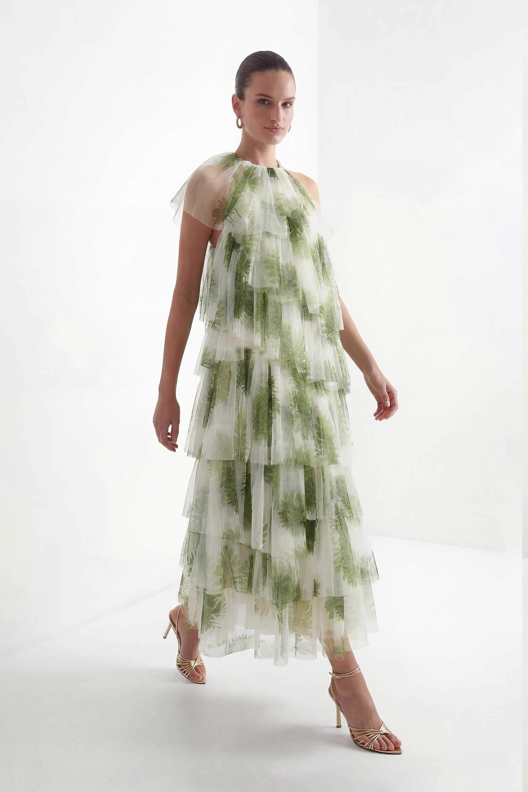 Garden Romance Green Leaf Print Tiered Tulle Maxi Dress-purelyfable