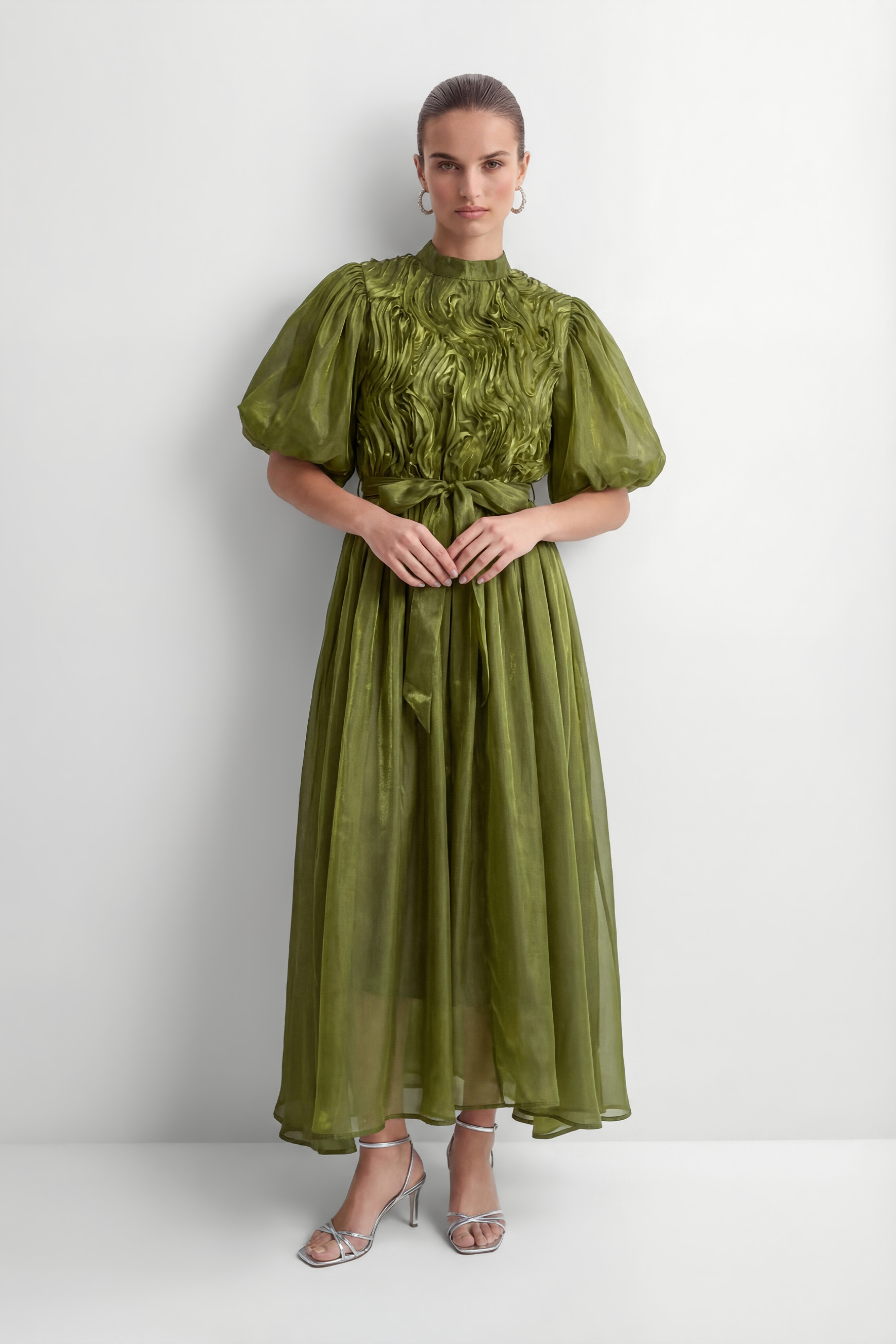 Graceful Darling Green Ruffled Bodice Puff Sleeve Maxi Dress-purelyfable