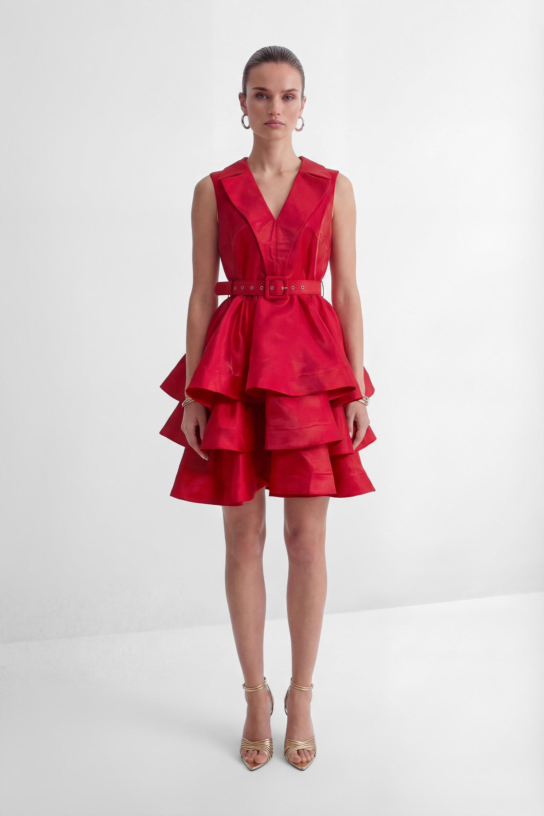 Stars Are Shining Red V-neck Tiered Ruffle Mini Dress-purelyfable