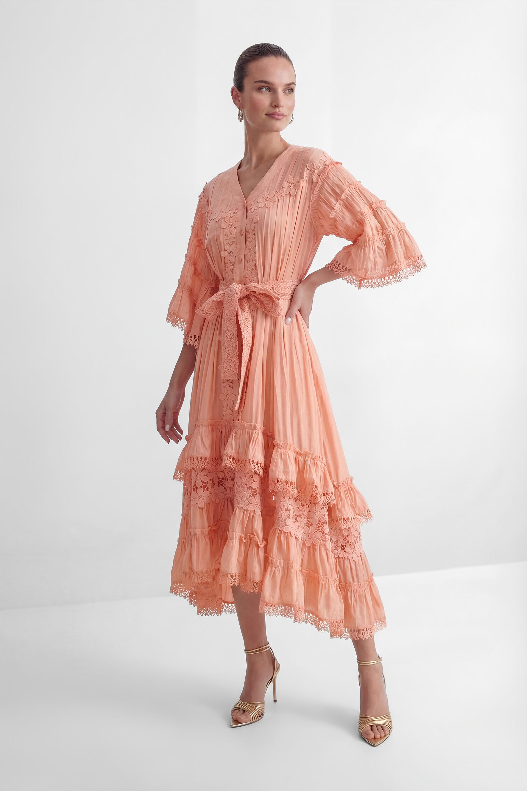 Sweet Sophistication Pink Floral Applique Tiered Maxi Dress-purelyfable