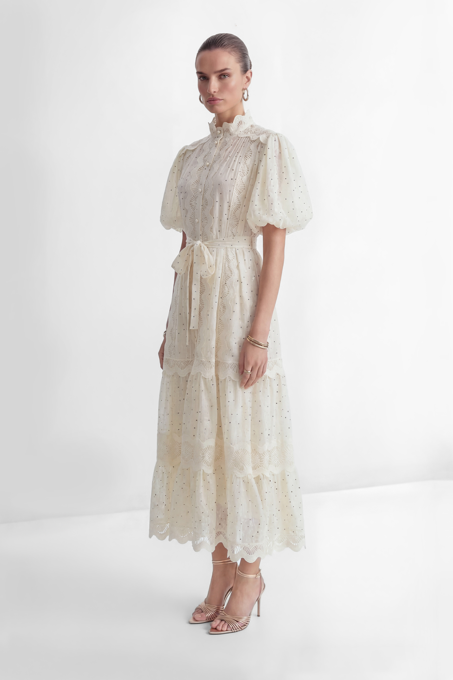 Momentous Love Beige Lace Trim Polka Dot Maxi Dress-purelyfable