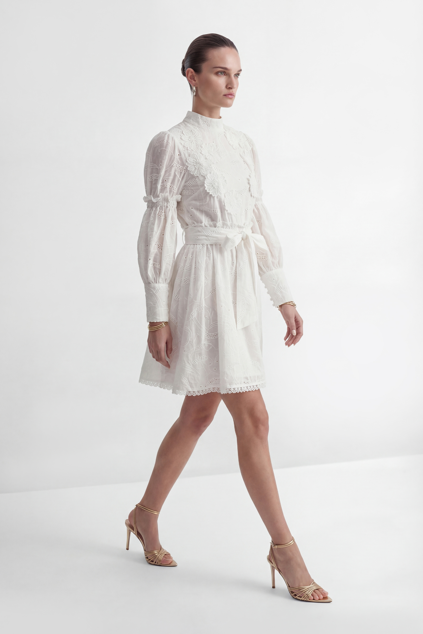 Loveliest Looks White Floral Embroidery Belted Mini Dress-purelyfable