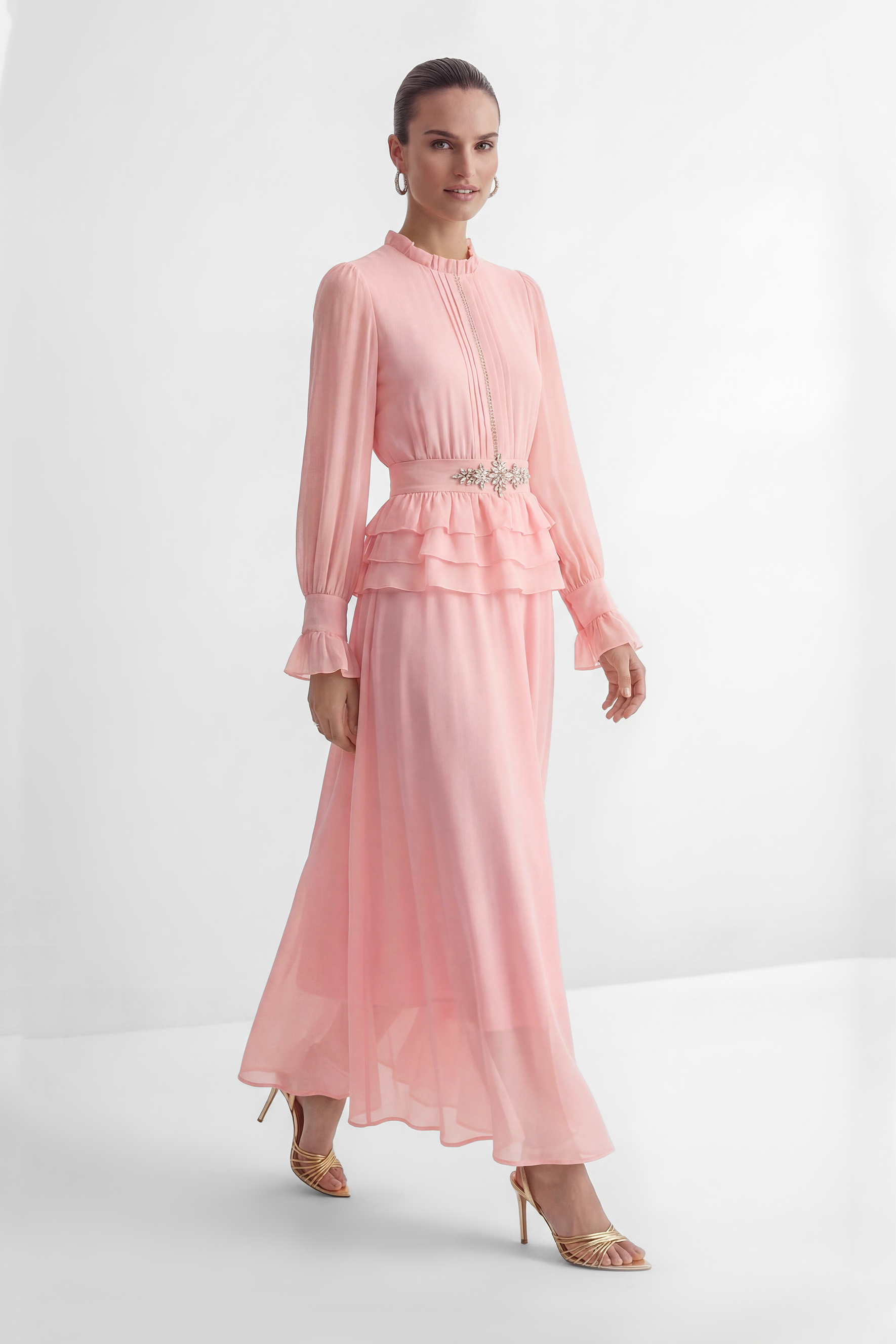 Sprinkle Of Sass Pink Rhinestone Belt Ruffled Maxi Dress-purelyfable