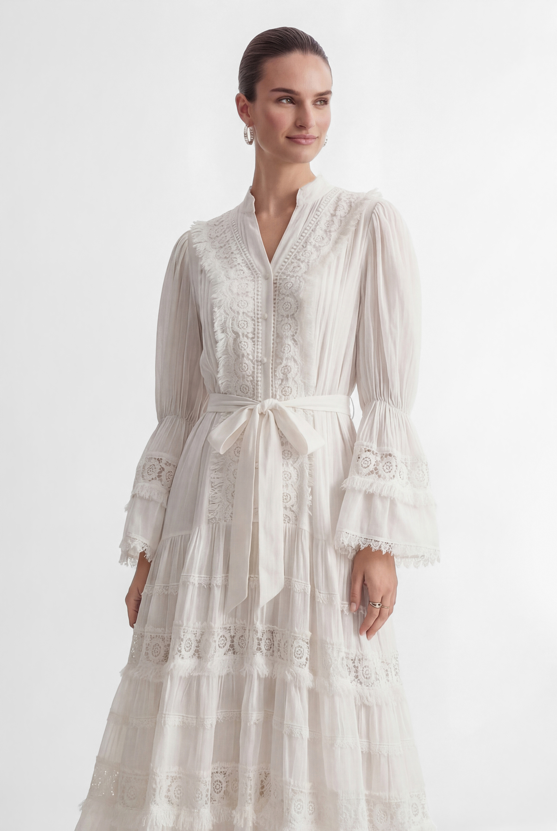 Graceful Darling White Floral Lace Bell Sleeve Maxi Dress-purelyfable