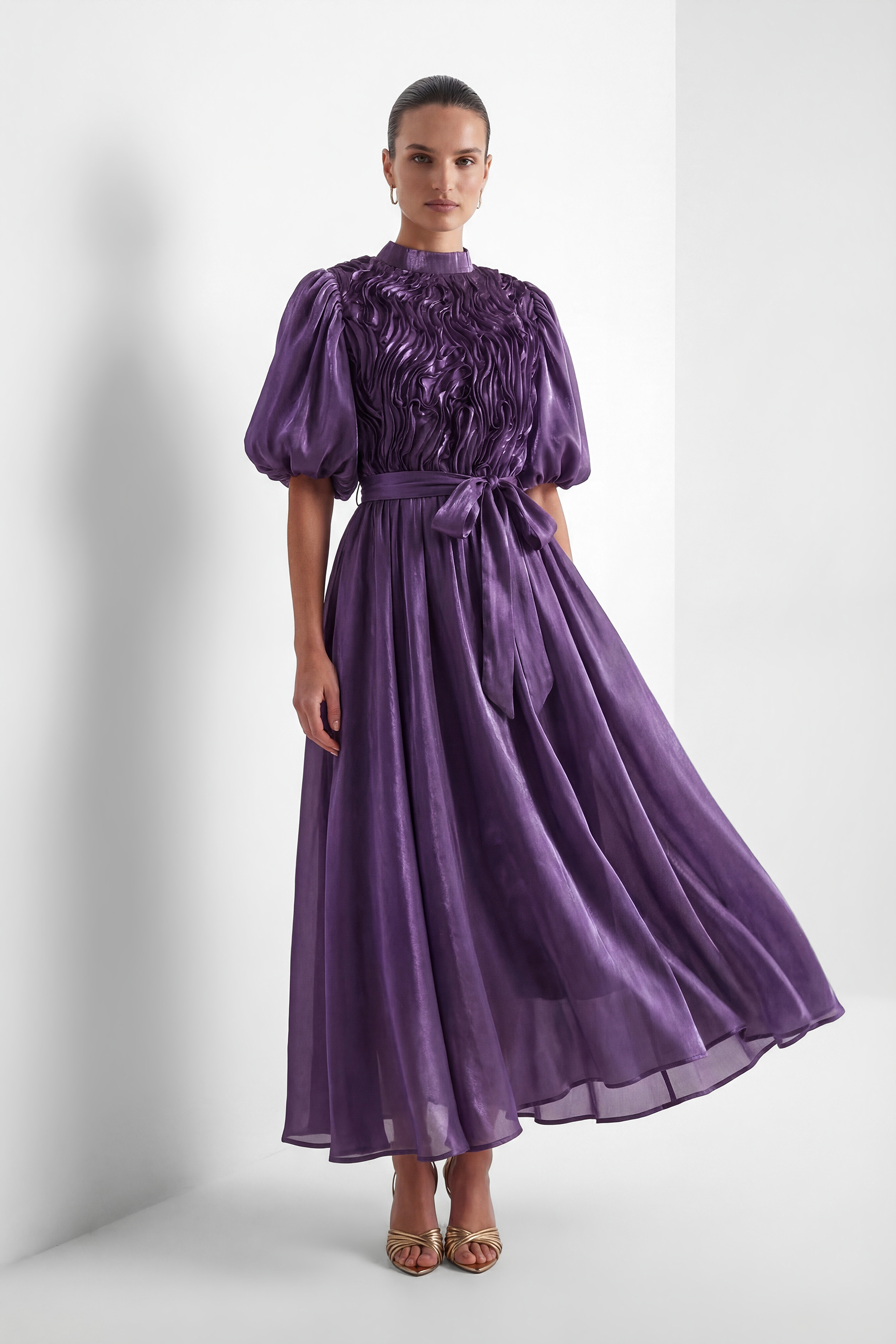 Graceful Darling Purple Ruffled Bodice Puff Sleeve Maxi Dress-purelyfable