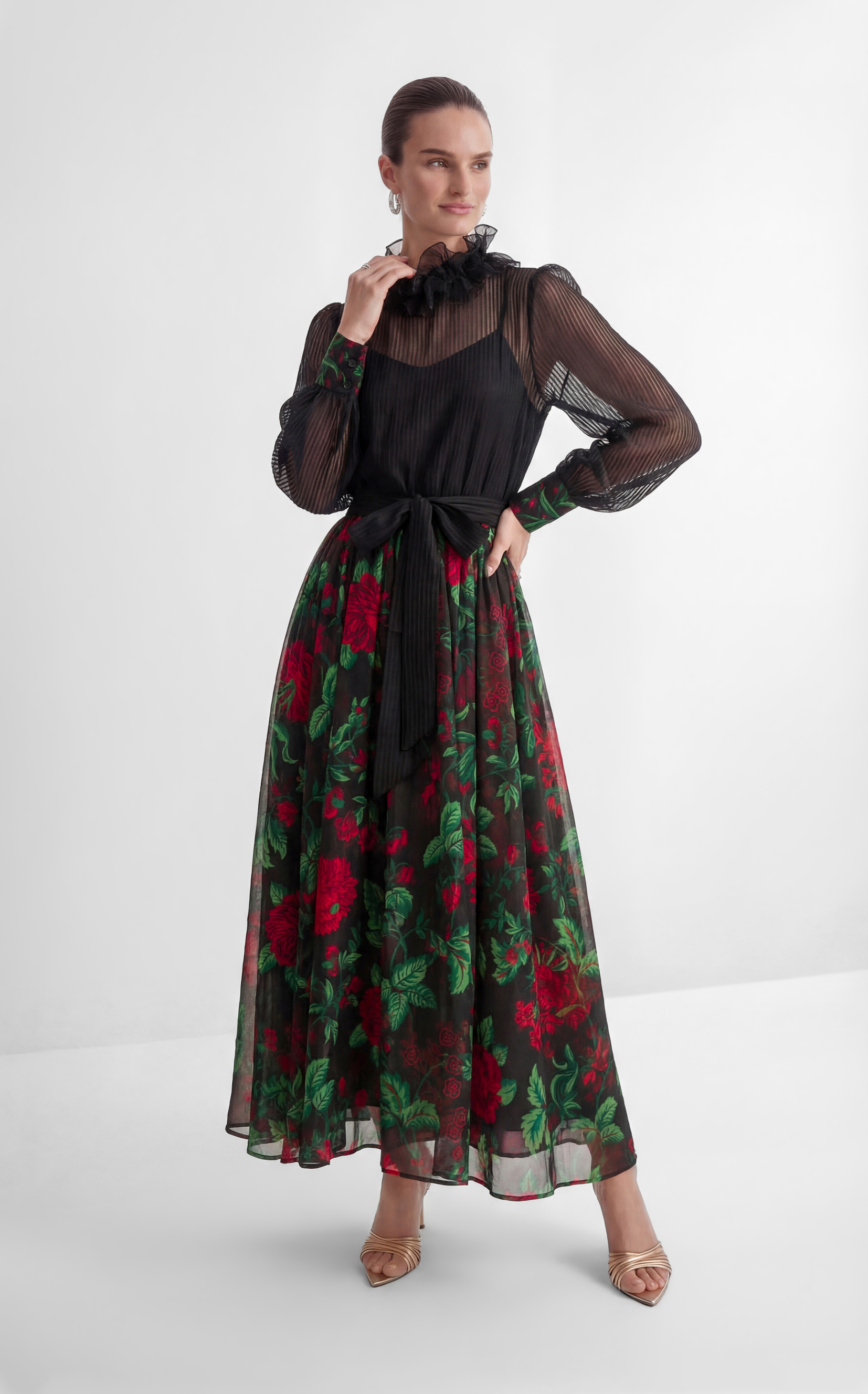 Hidden Flame Black Floral Print Chiffon Maxi Dress-purelyfable