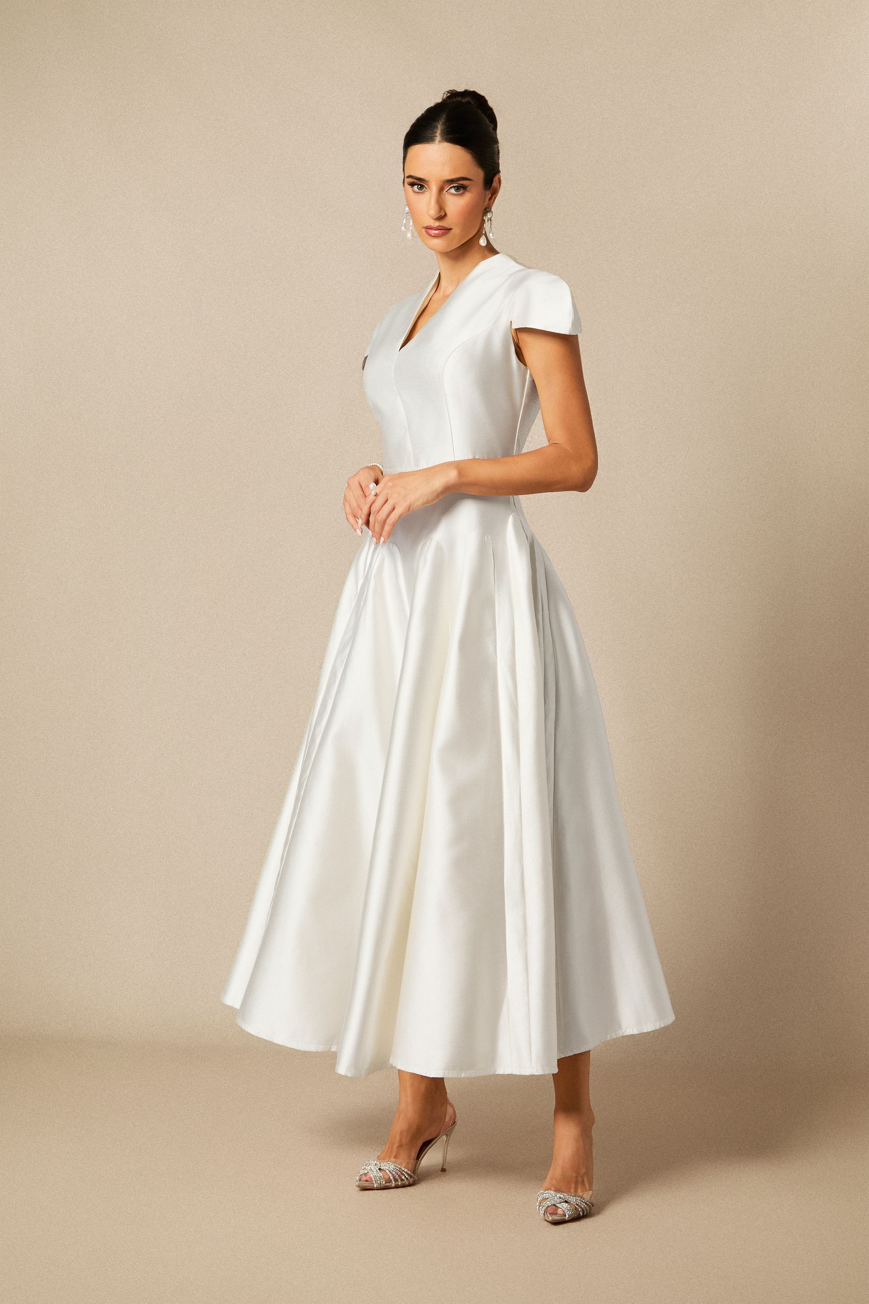 Tiana Cap Sleeve V-Neck Satin Midi Dress-purelyfable