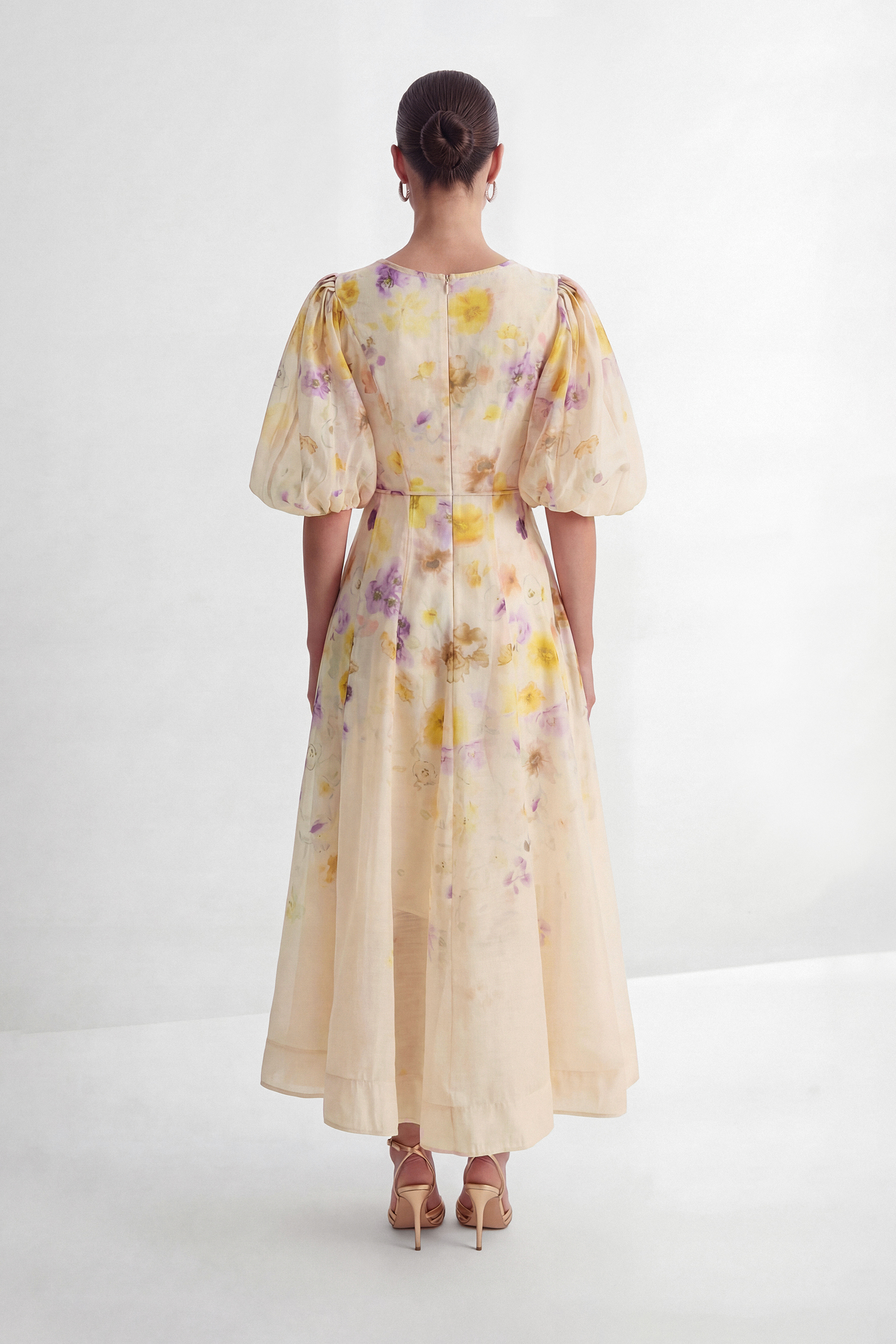 Summer Invite Apricot Floral Print Puff Sleeve Maxi Dress-purelyfable