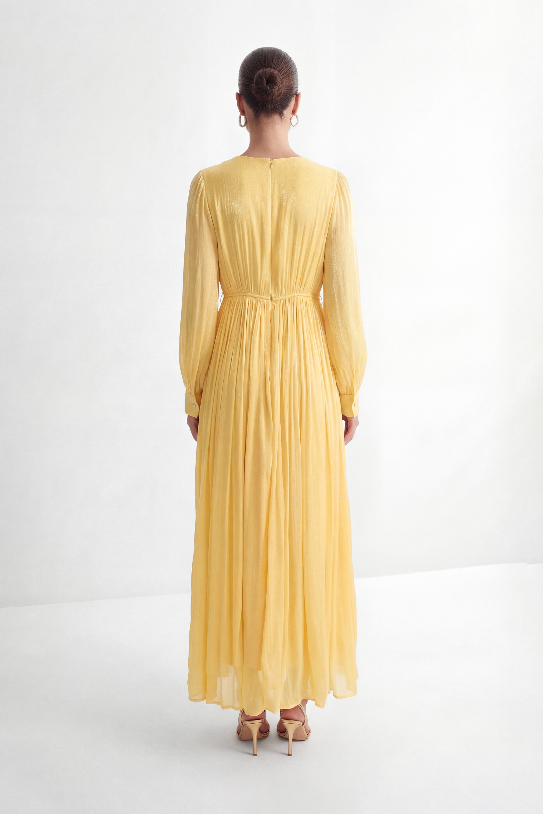 Exceptionally Pristine Yellow Beaded Embroidered V-Neck Maxi Dress-purelyfable