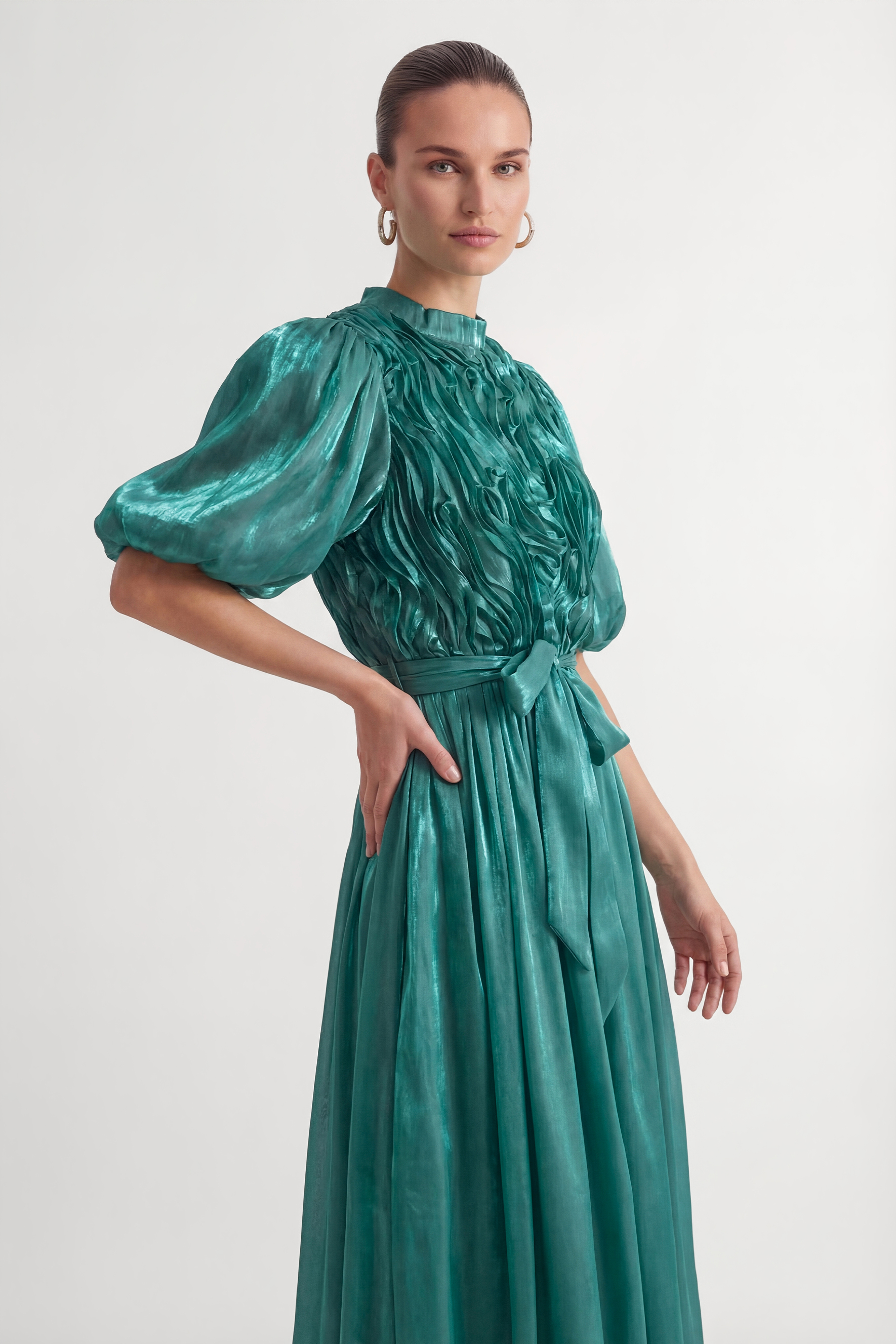 Graceful Darling Blue Ruffled Bodice Puff Sleeve Maxi Dress-purelyfable
