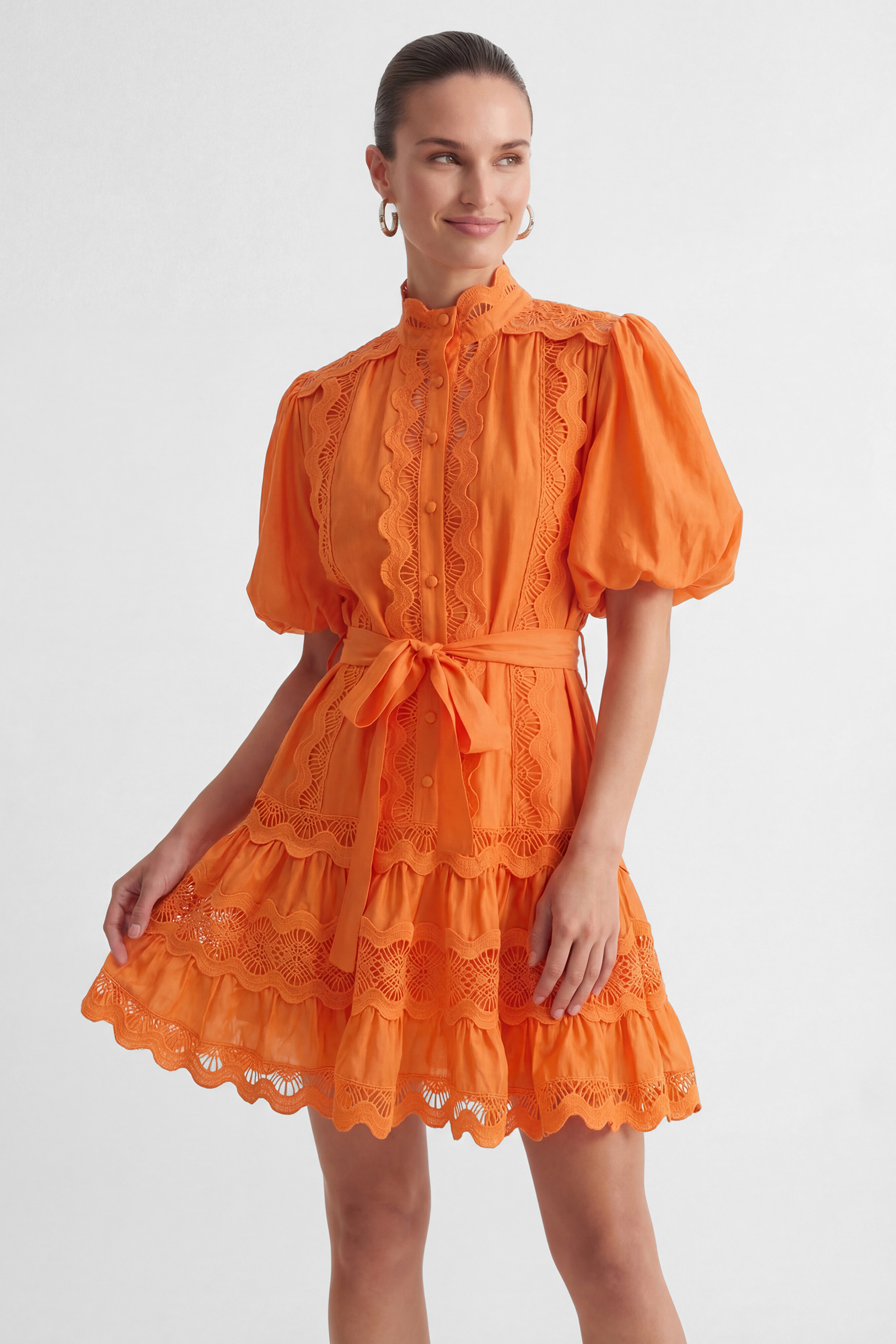 Gorgeous Essence Orange Lace Trim Tiered Mini Dress-purelyfable