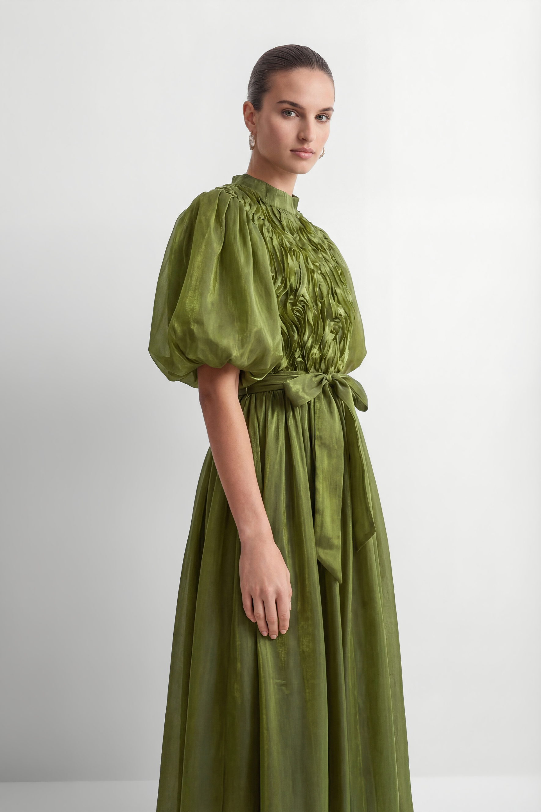 Graceful Darling Green Ruffled Bodice Puff Sleeve Maxi Dress-purelyfable