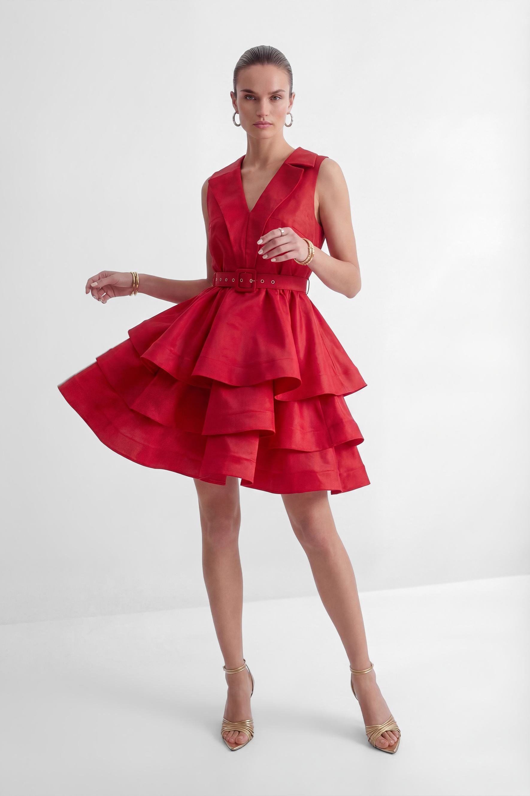 Stars Are Shining Red V-neck Tiered Ruffle Mini Dress-purelyfable