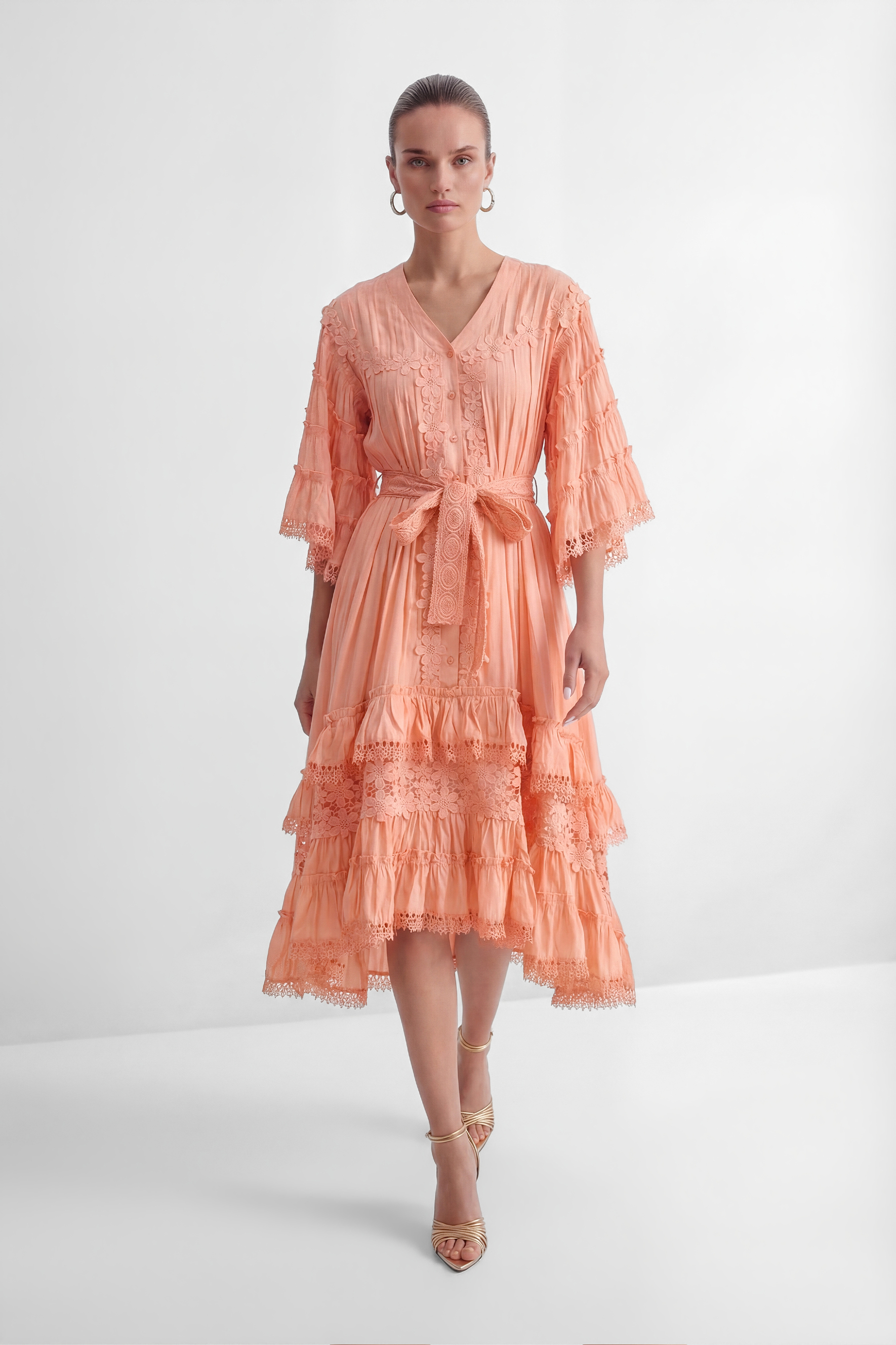 Sweet Sophistication Pink Floral Applique Tiered Maxi Dress-purelyfable