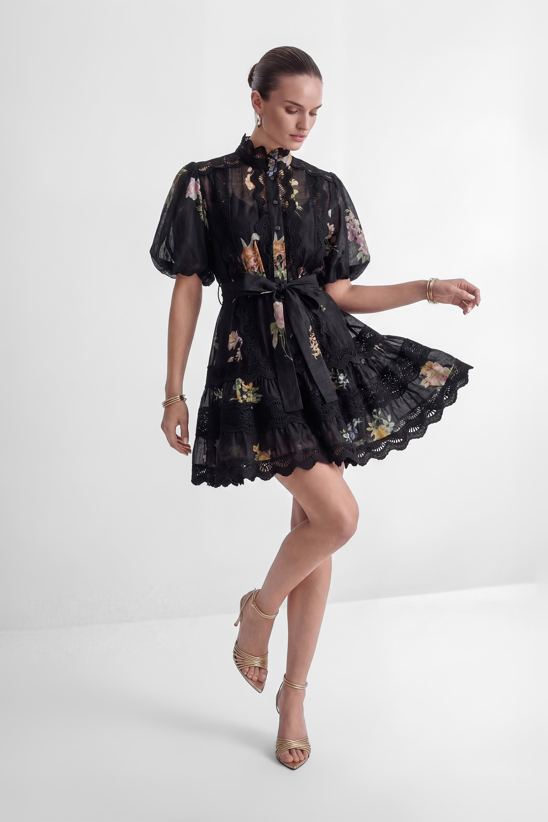 Radiance In The Dark Black Floral Print Lace Trim Mini Dress-purelyfable