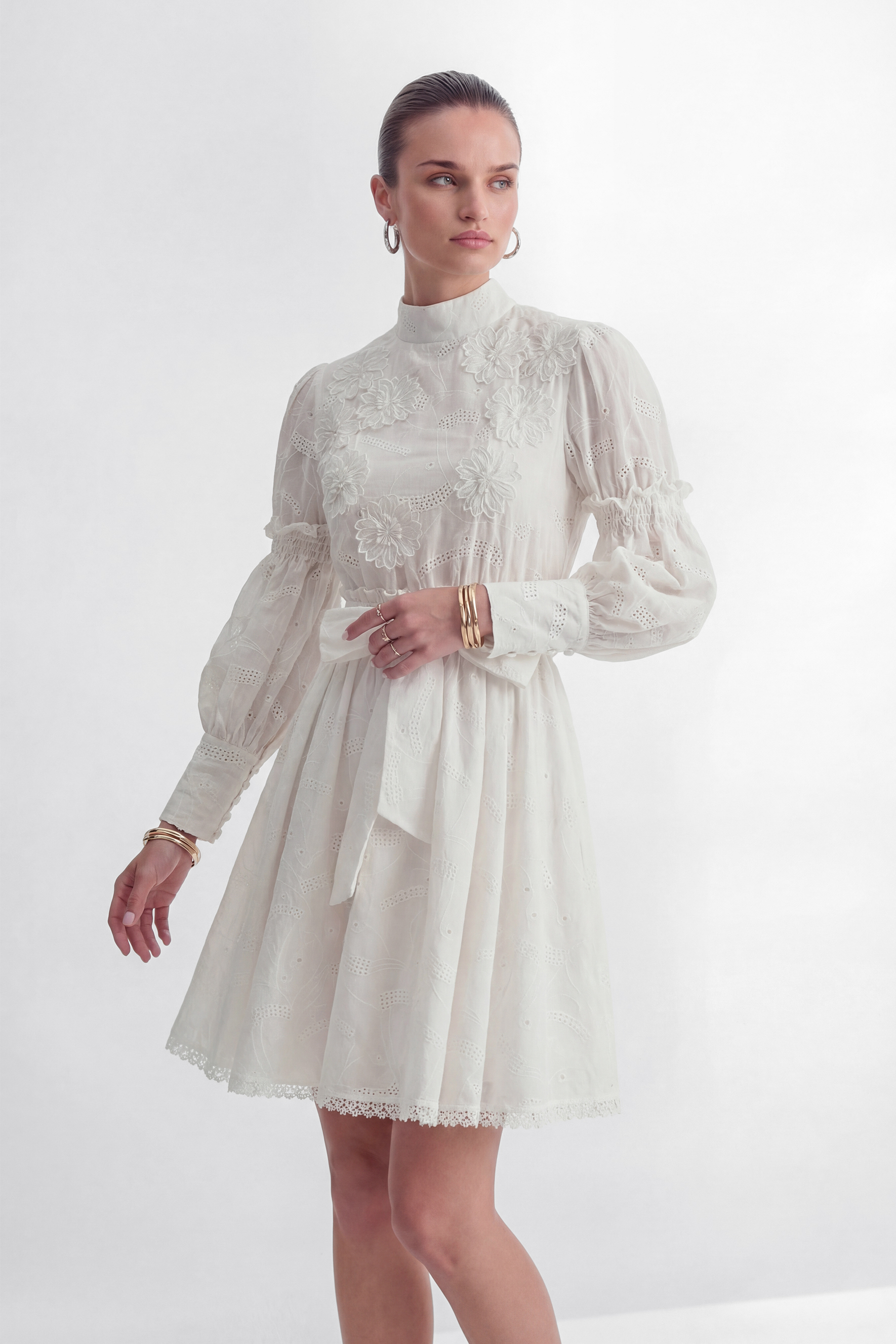 Loveliest Looks White Floral Embroidery Belted Mini Dress-purelyfable