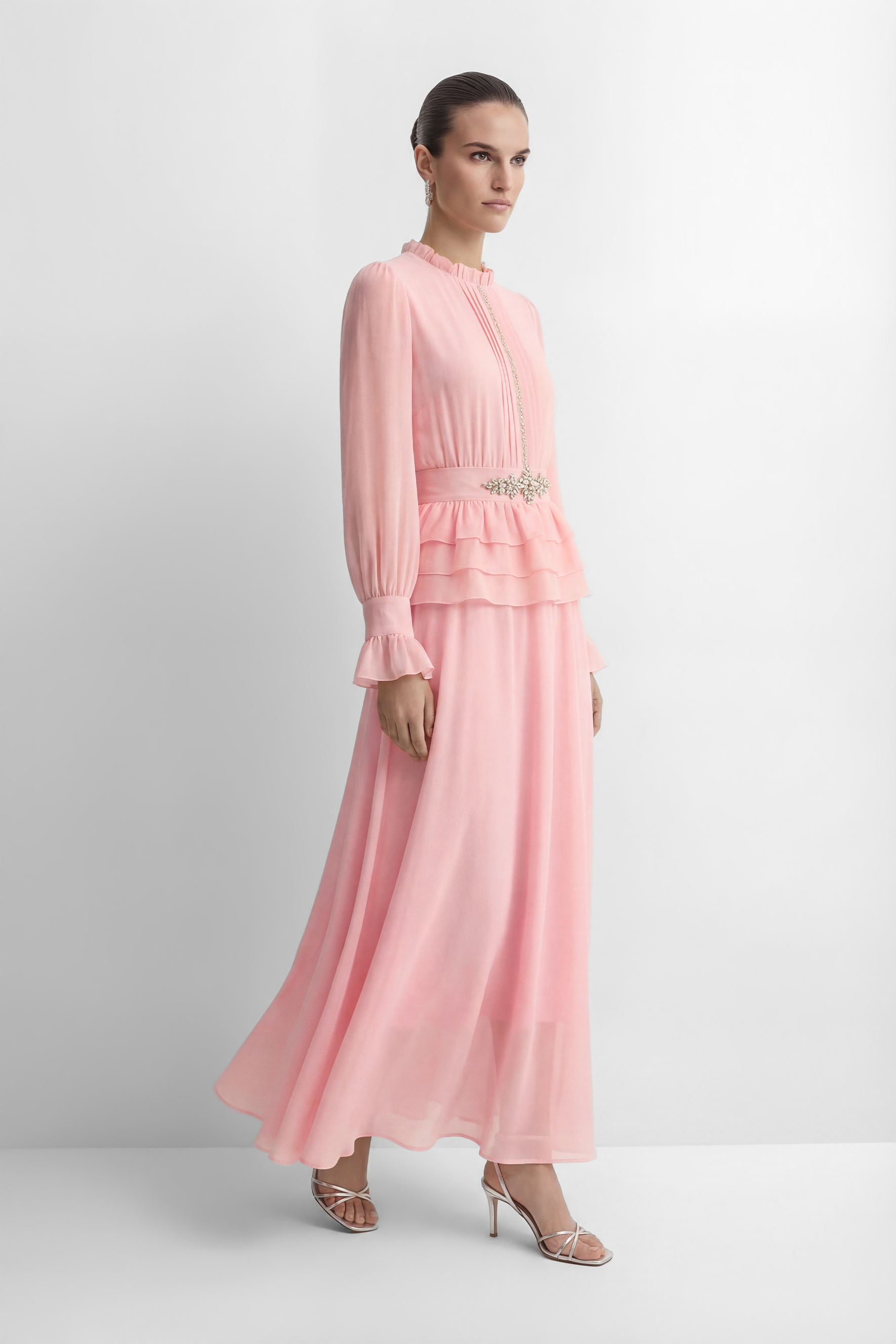 Sprinkle Of Sass Pink Rhinestone Belt Ruffled Maxi Dress-purelyfable