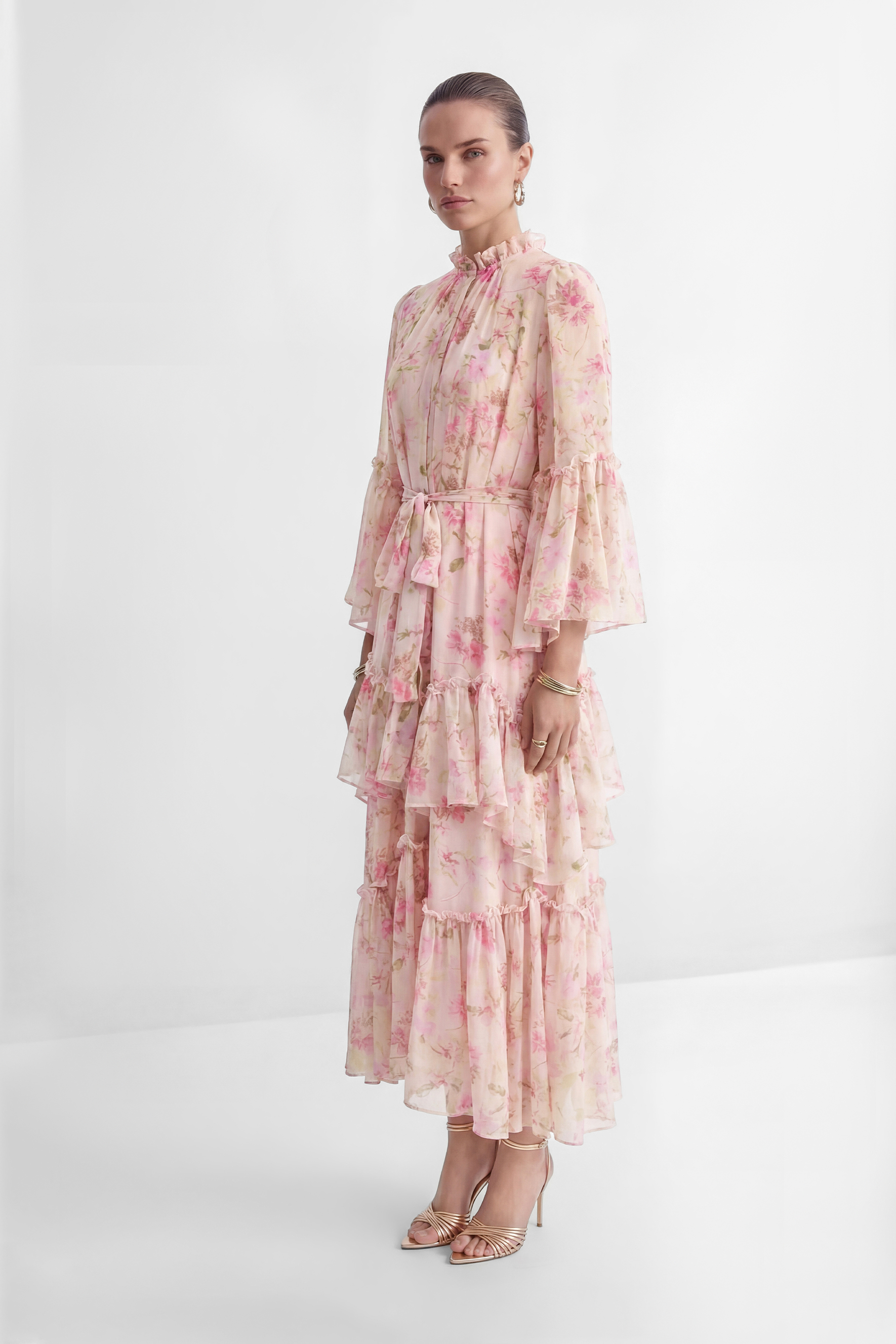 Dreamy Occasions Pink Floral Print Tiered Ruffle Maxi Dress-purelyfable