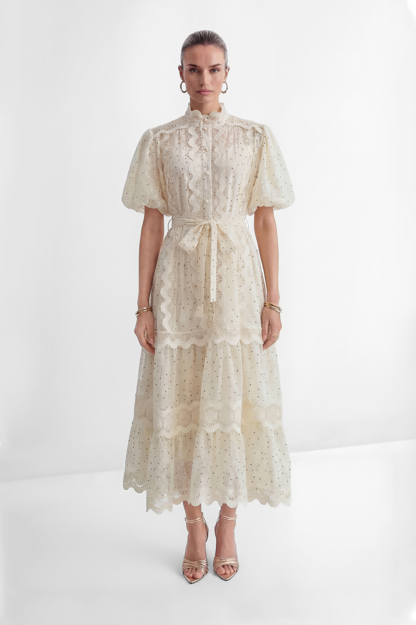 Momentous Love Beige Lace Trim Polka Dot Maxi Dress-purelyfable