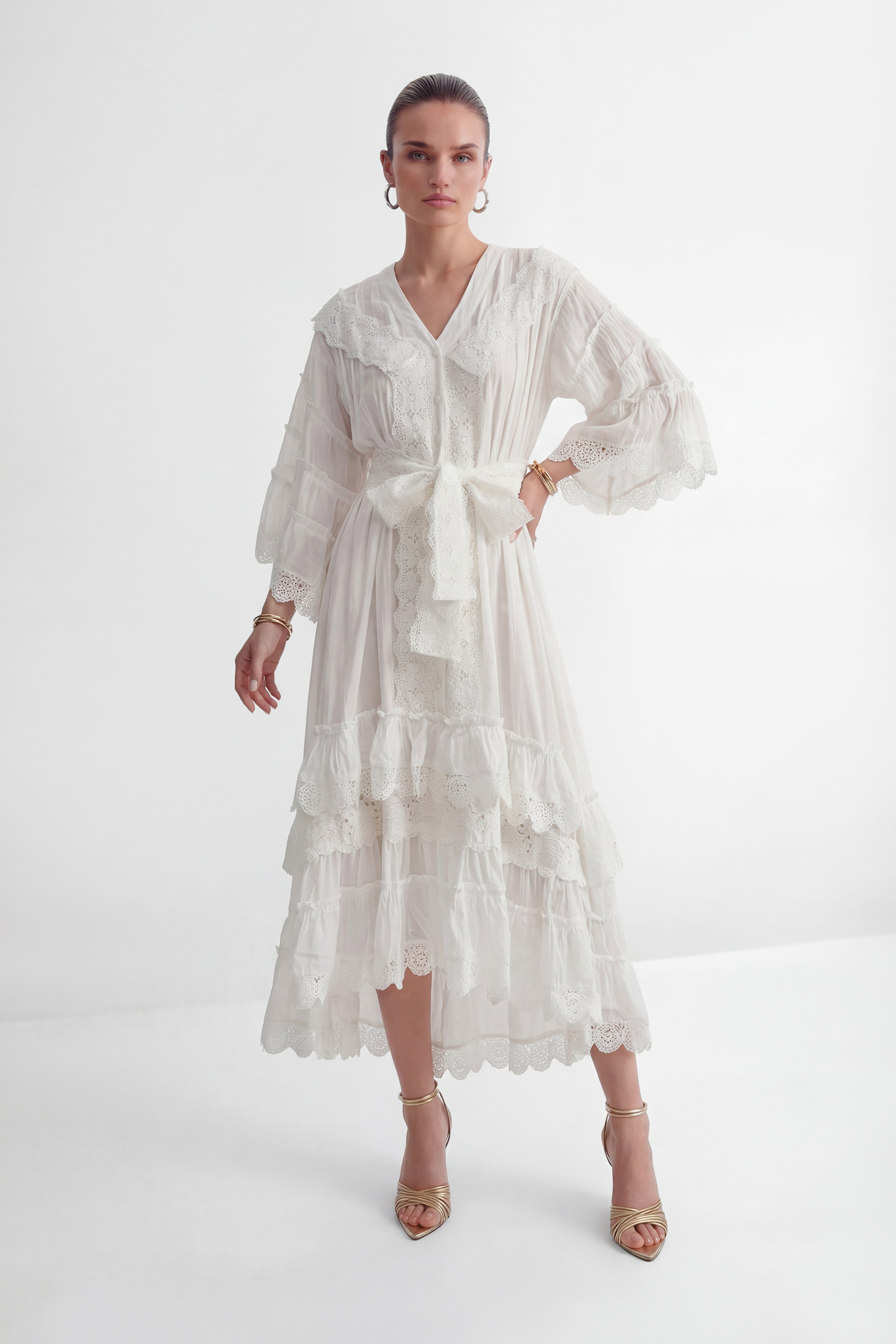 Own Your Power White V-Neck Ruffled Sleeve Maxi Dress-purelyfable