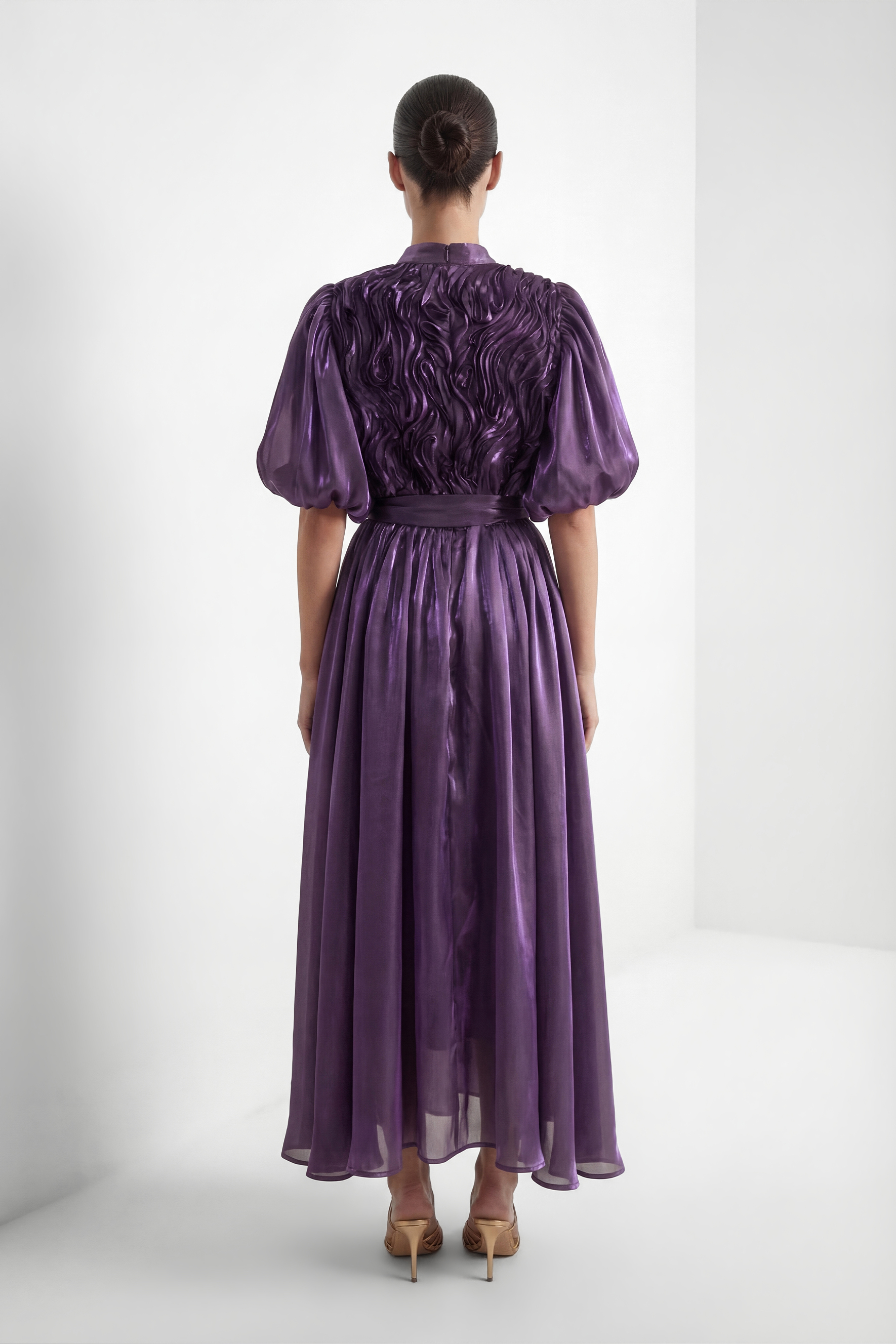 Graceful Darling Purple Ruffled Bodice Puff Sleeve Maxi Dress-purelyfable