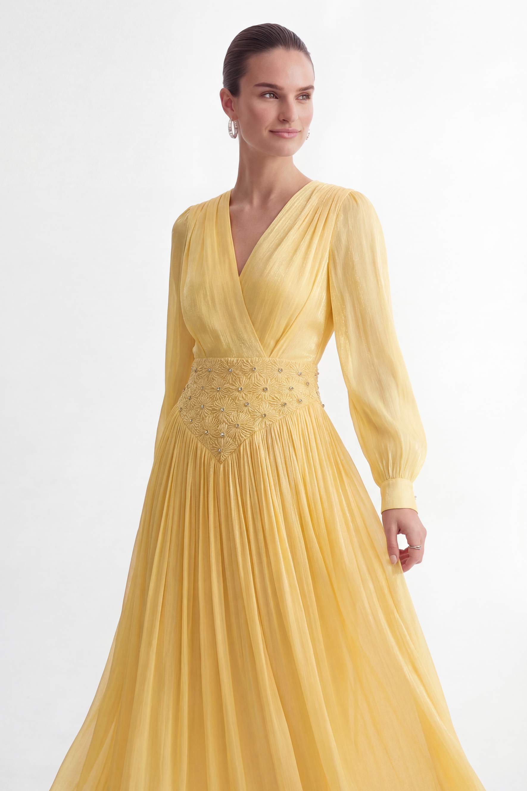 Exceptionally Pristine Yellow Beaded Embroidered V-Neck Maxi Dress-purelyfable