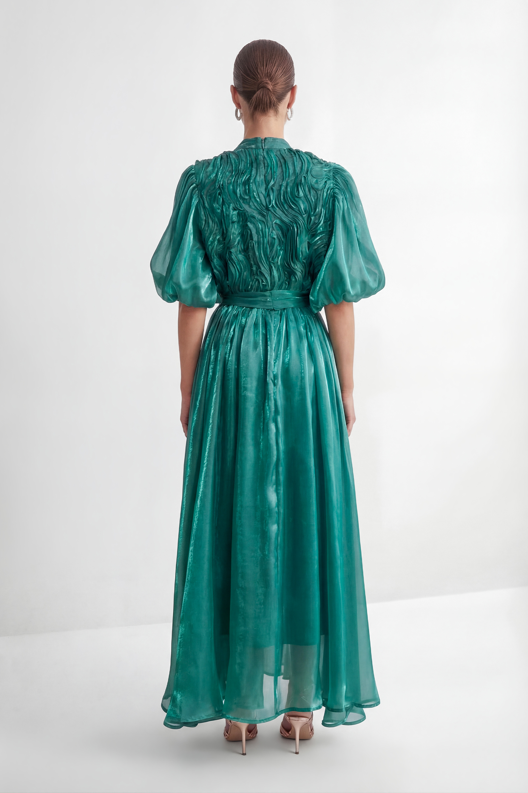 Graceful Darling Blue Ruffled Bodice Puff Sleeve Maxi Dress-purelyfable