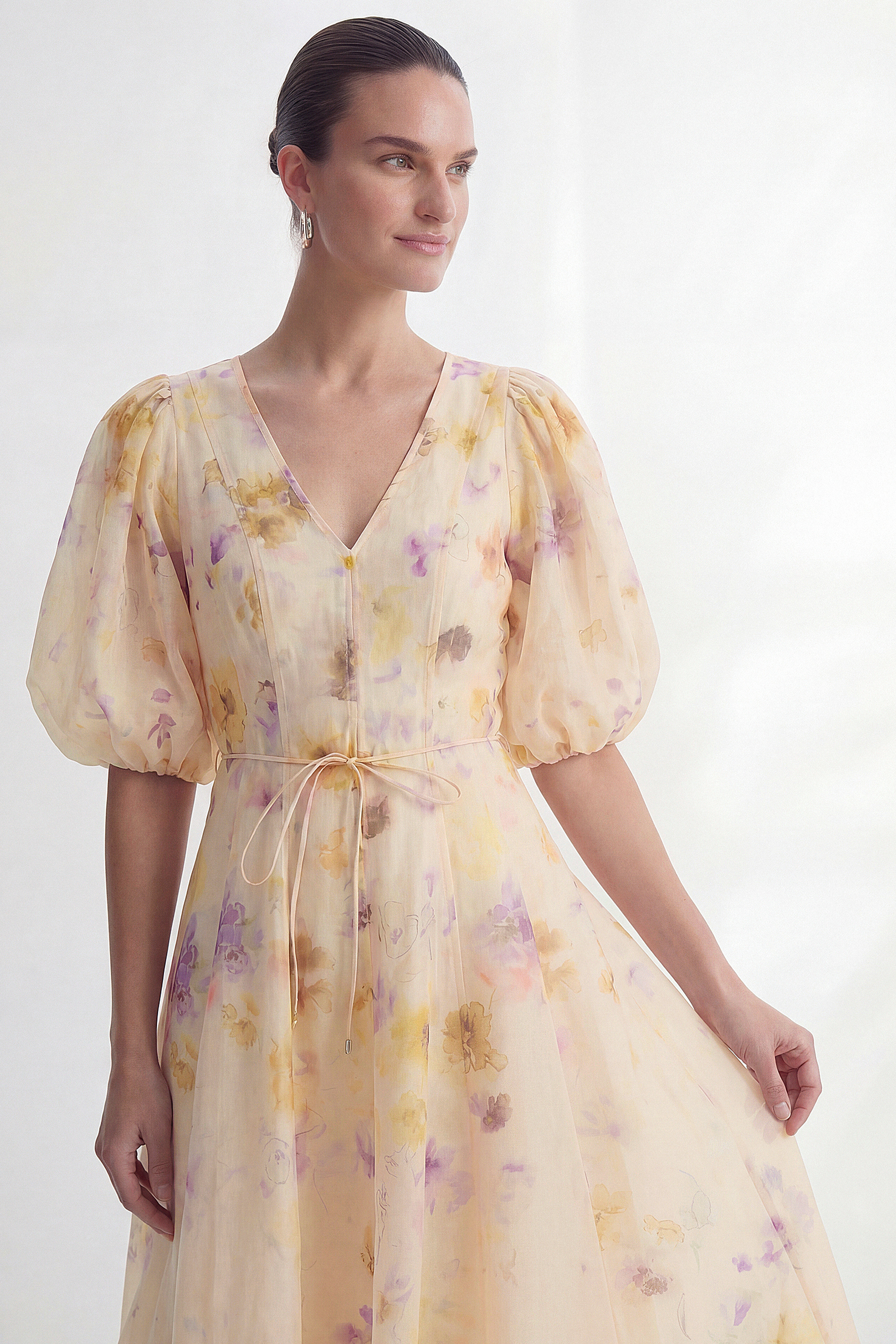 Summer Invite Apricot Floral Print Puff Sleeve Maxi Dress-purelyfable