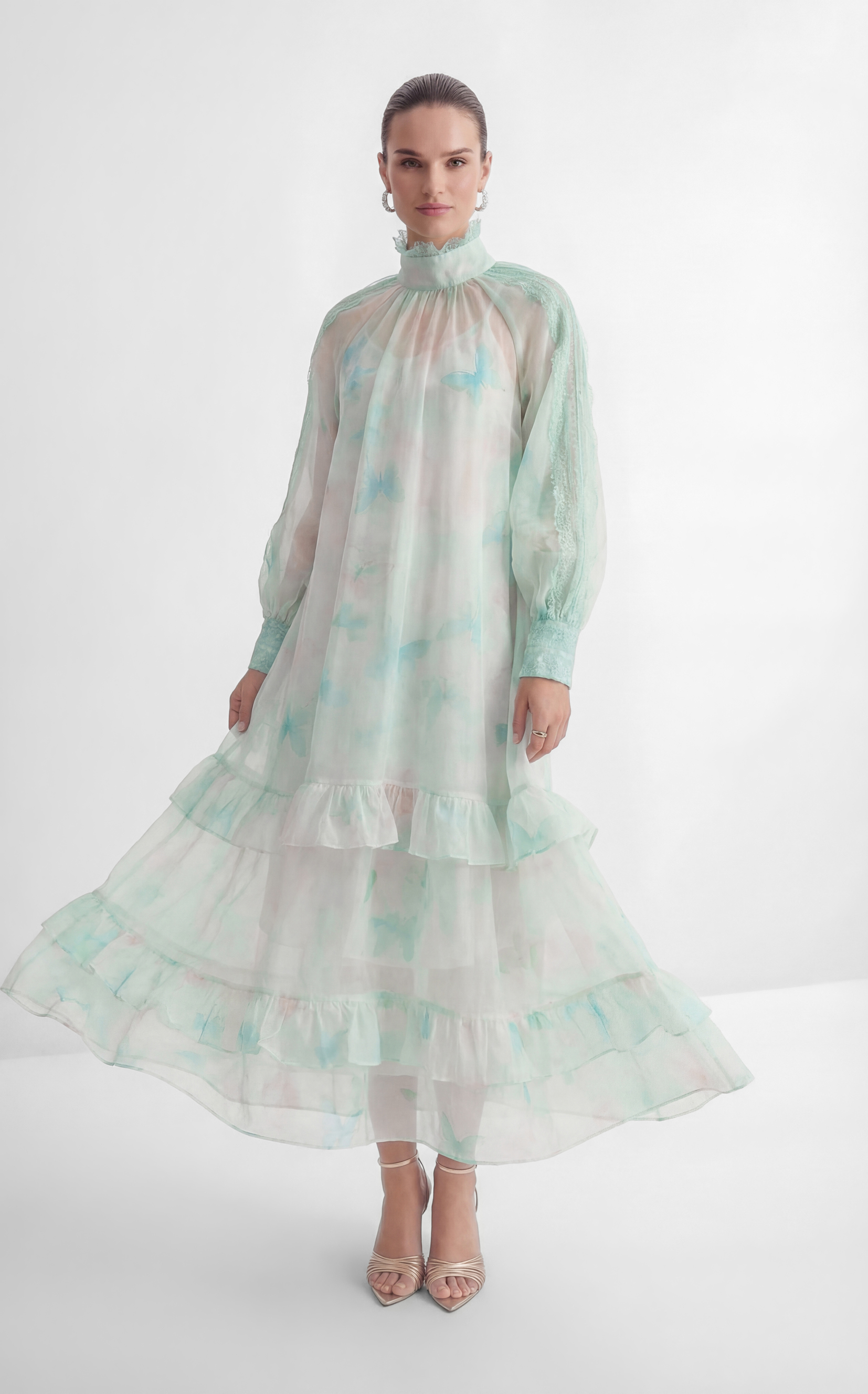 Venus Chartreuse Mint Butterfly Print Tiered Ruffle Maxi Dress-purelyfable